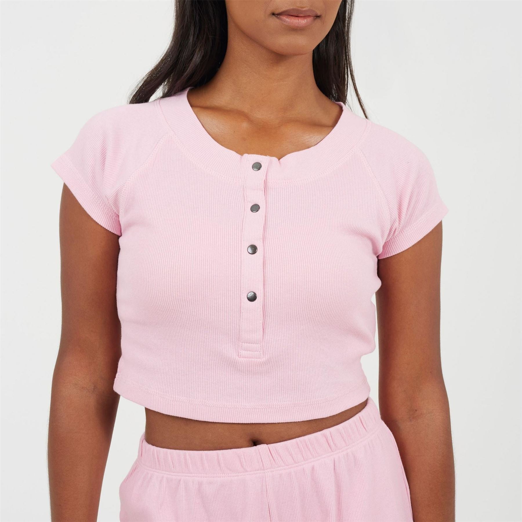 Brave Soul Womens Lounge Set With Henley Cropped Tee  And  Matching Shorts