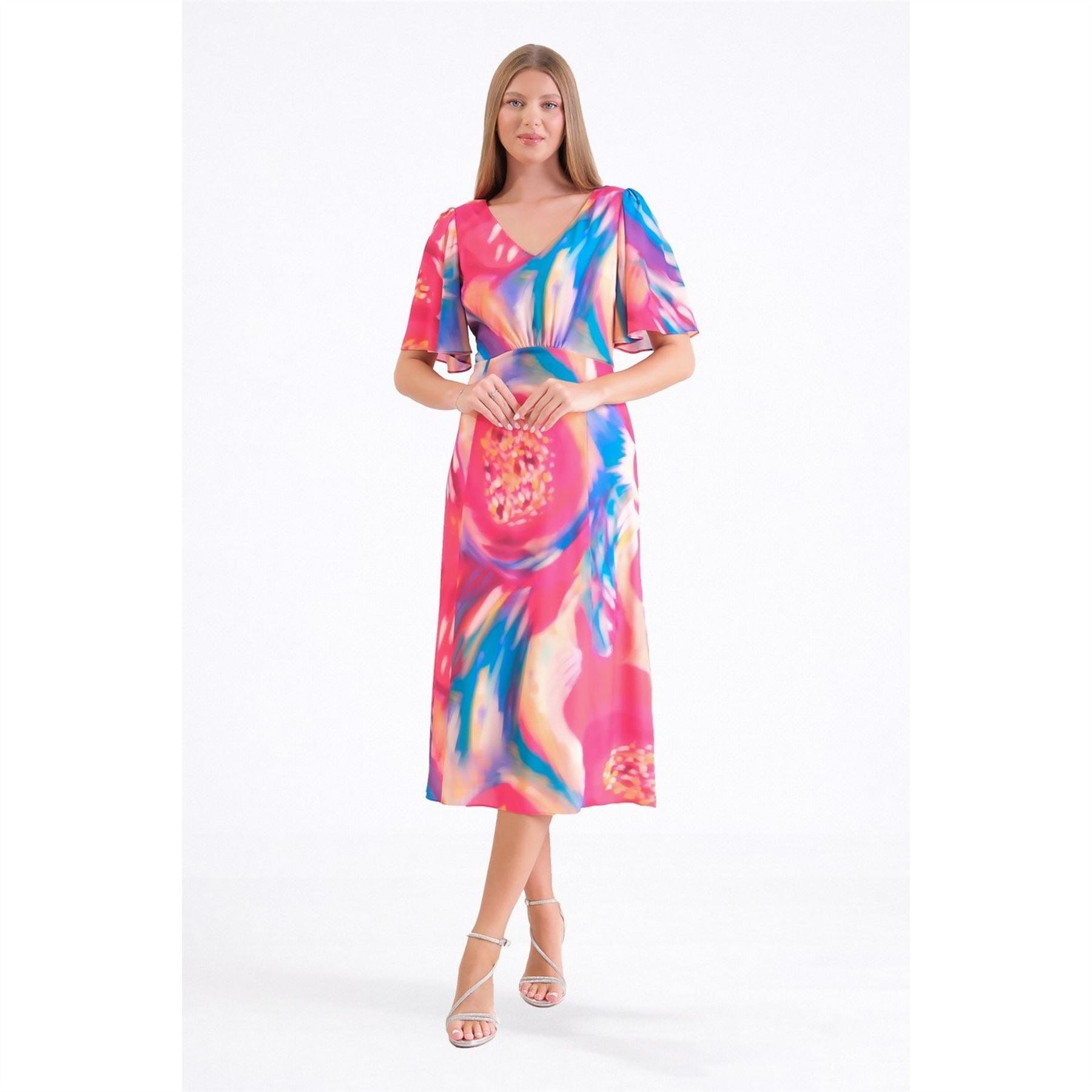 Ella Boo vibrant fuchsia abstract print V Neck Dress