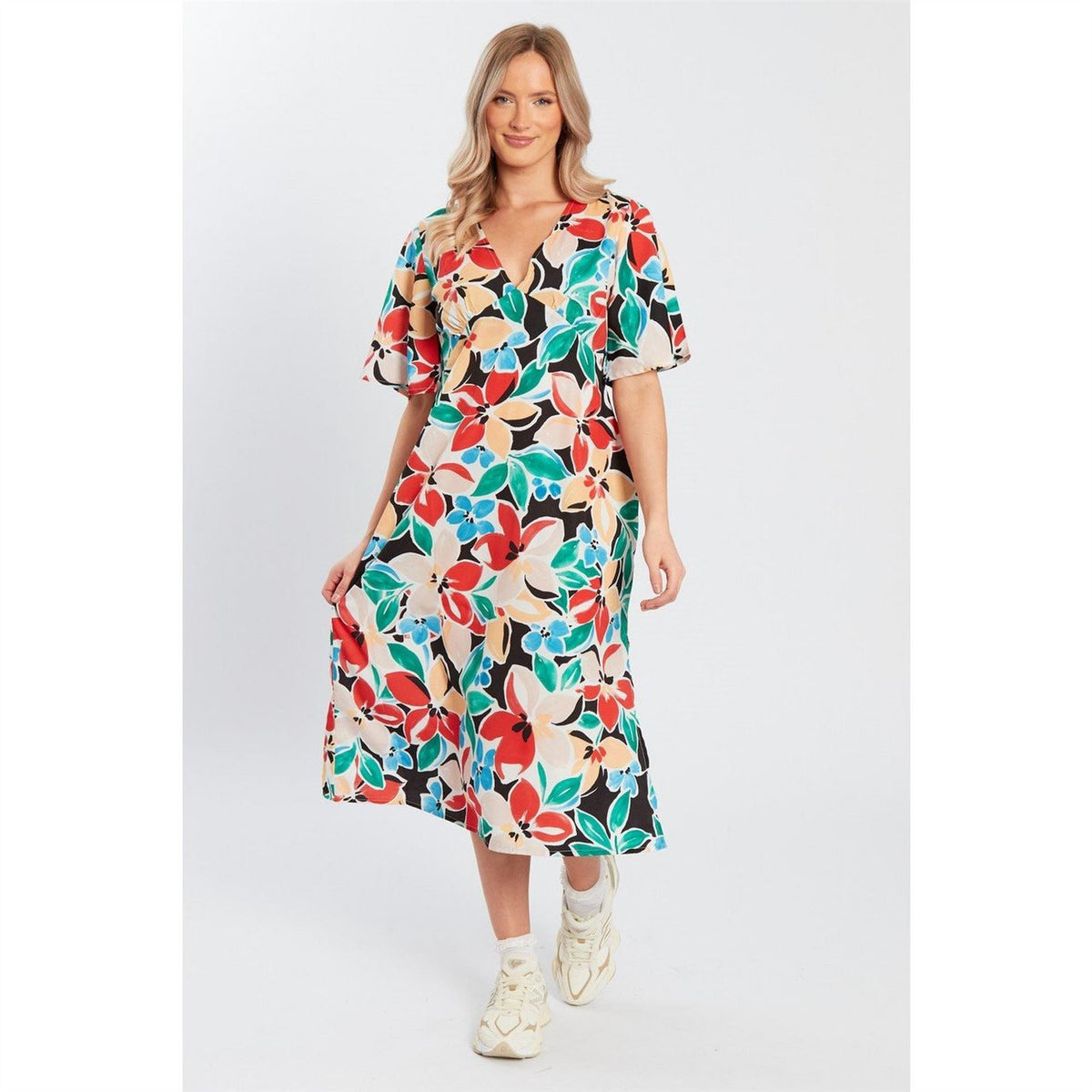 Influence V-Neck Short Sleeve Midi A-Line Dress