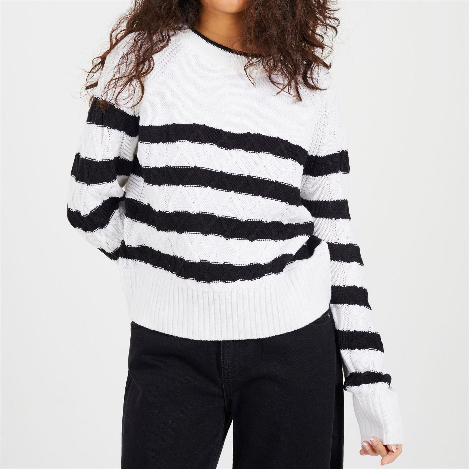 Brave Soul Cable Knit Crew Neck Jumper With Stripes