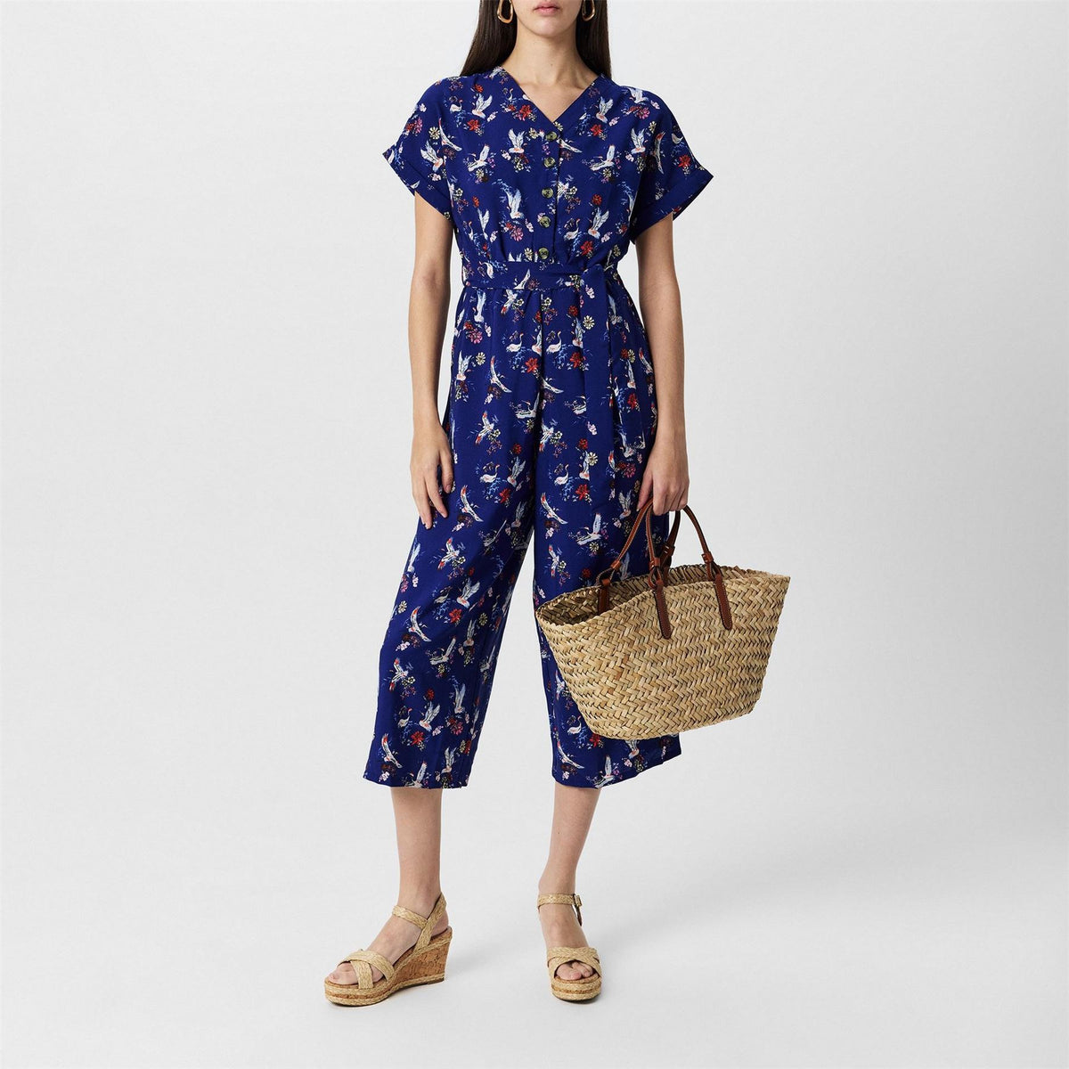 Yumi Crane Print Collared Culotte Jumpsuit