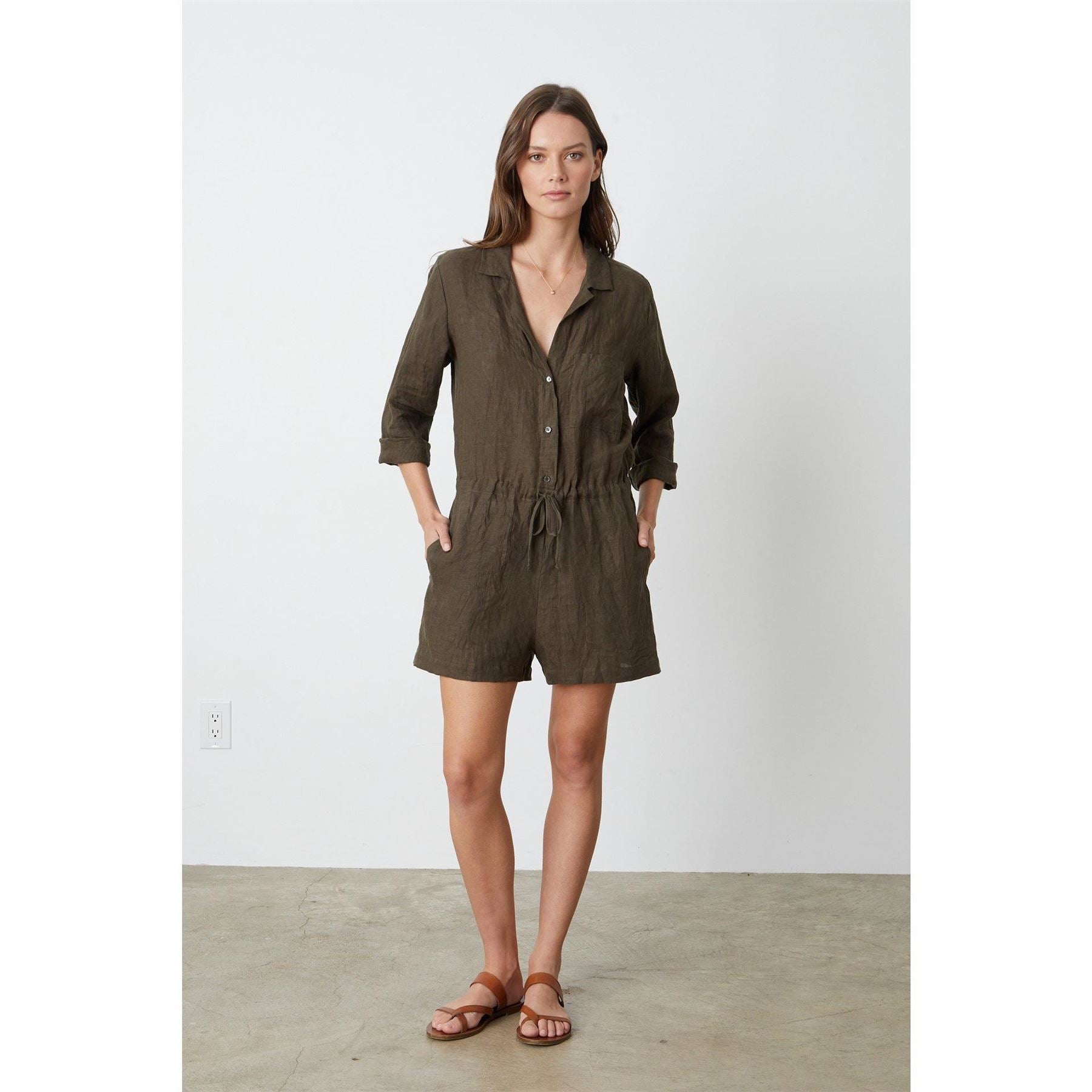 Velvet by Graham and Spencer Collared Neck Three Quarter Sleeve Solid Patterned Playsuit