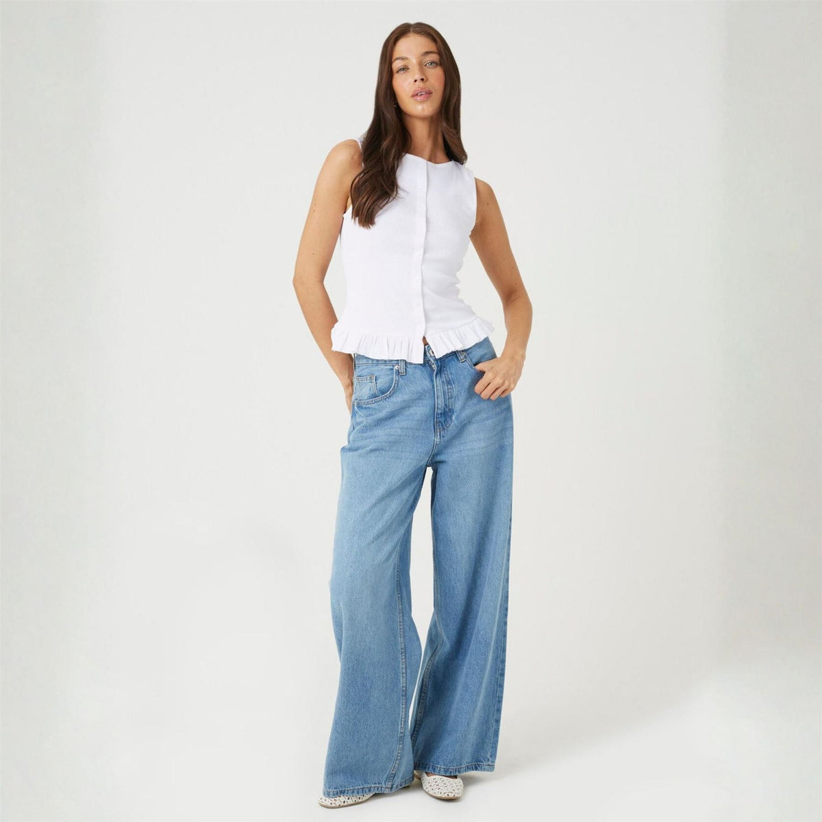 Brave Soul Womens Crew Neck Button Down Vest With Frill Detail