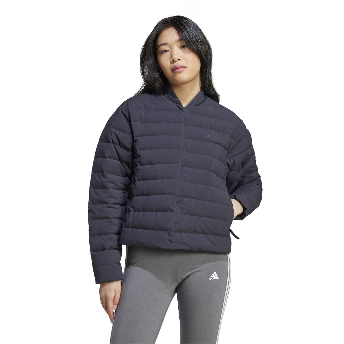 adidas Solid Patterned Mock Neck Band Collared Horizontal Pocket Down Jacket