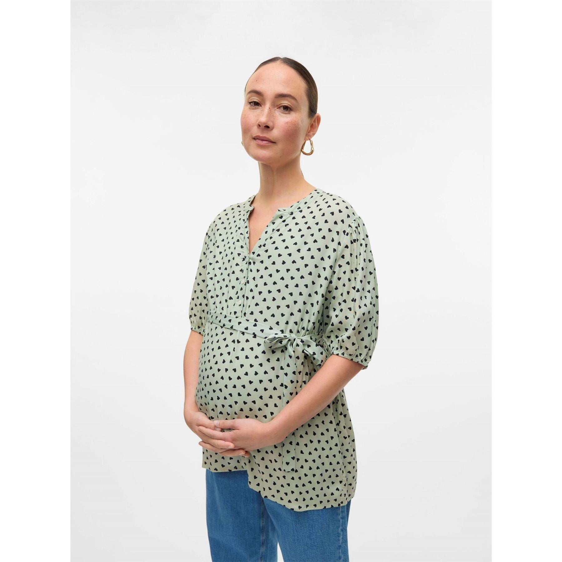 Mamalicious Notched Neck Puff Sleeve Three Quarter Blouse