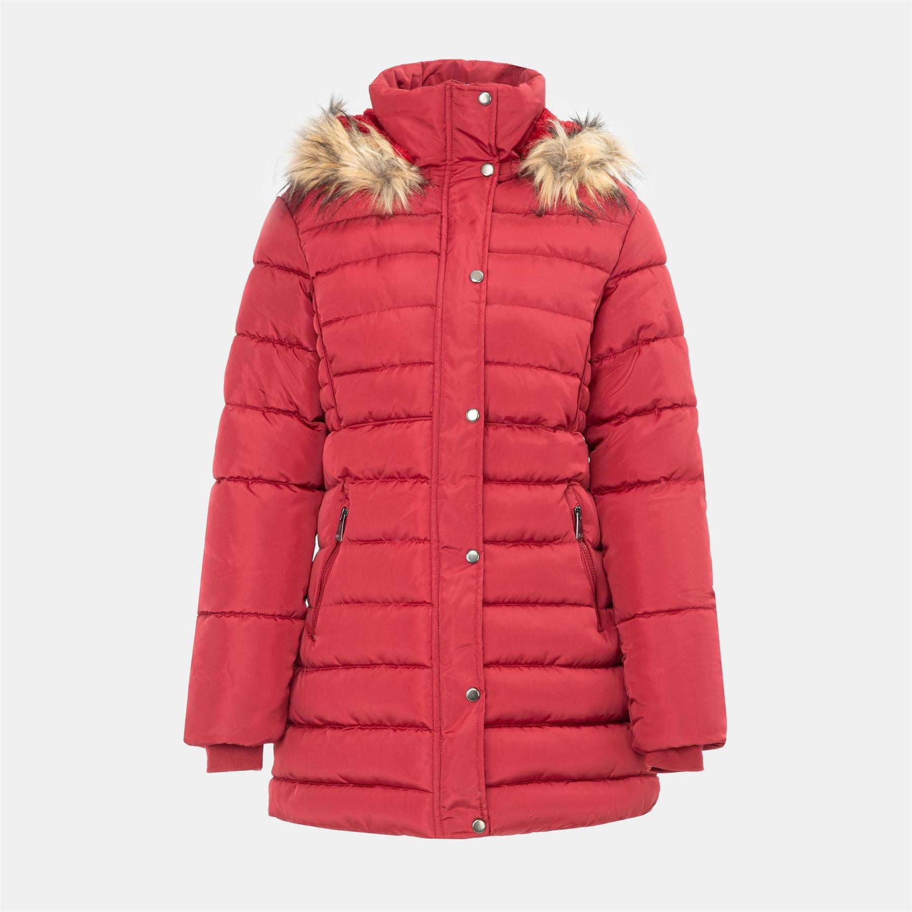 I Saw It First Solid Patterned Hooded Snap Button Fur Trim Ribbed Cuff Parka Jacket