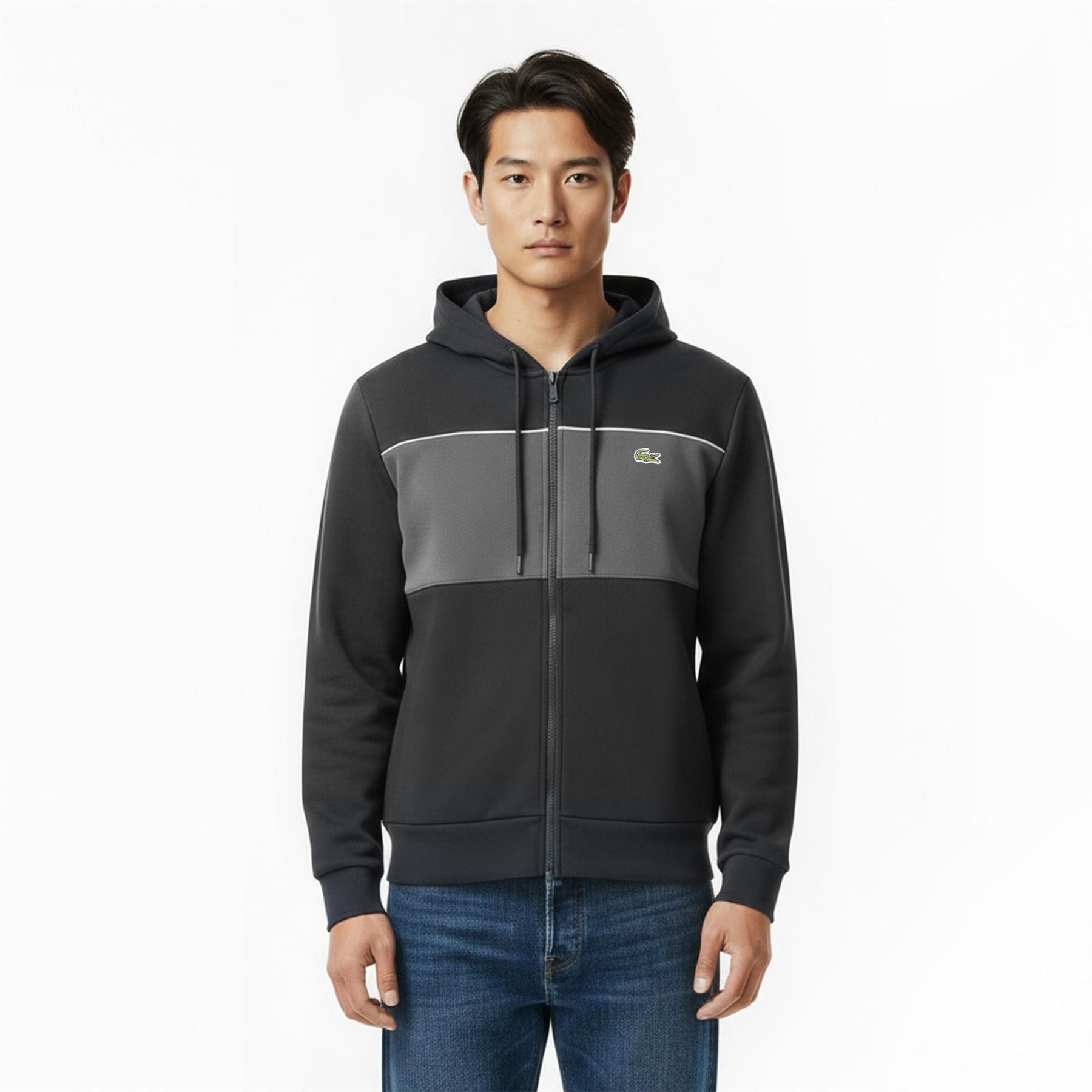 Lacoste Color Block Hooded Ribbed Cuff Sweat Jacket with Logo