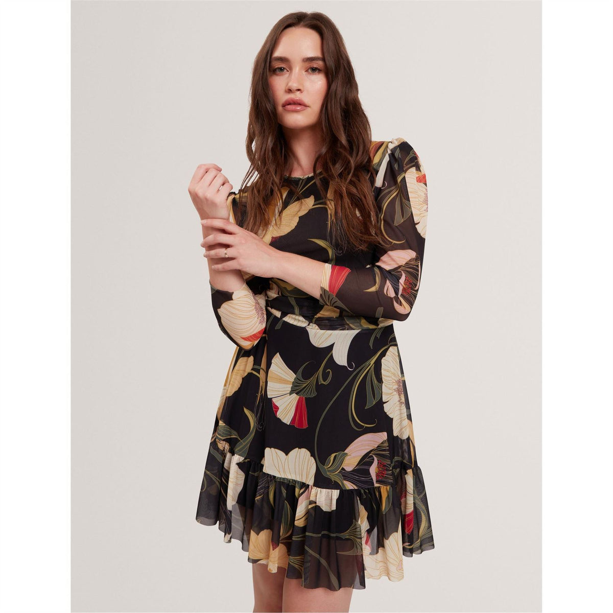Ted Baker Mesh Crew Neck Three Quarter Sleeve Mini Dress