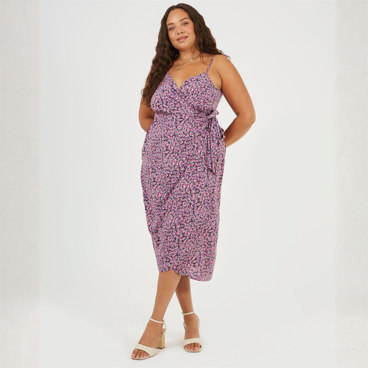 Brave Soul Plus Size Knot Front Strappy Midi Dress With Floral Print