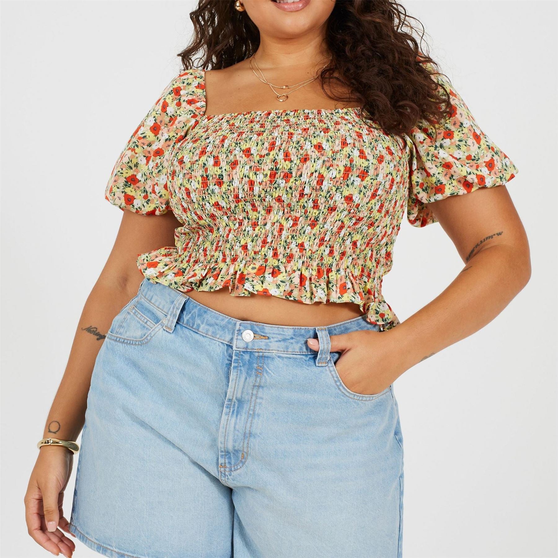 Brave Soul Womens Plus Size Puff Sleeve Top With Ruched And Tie Details.