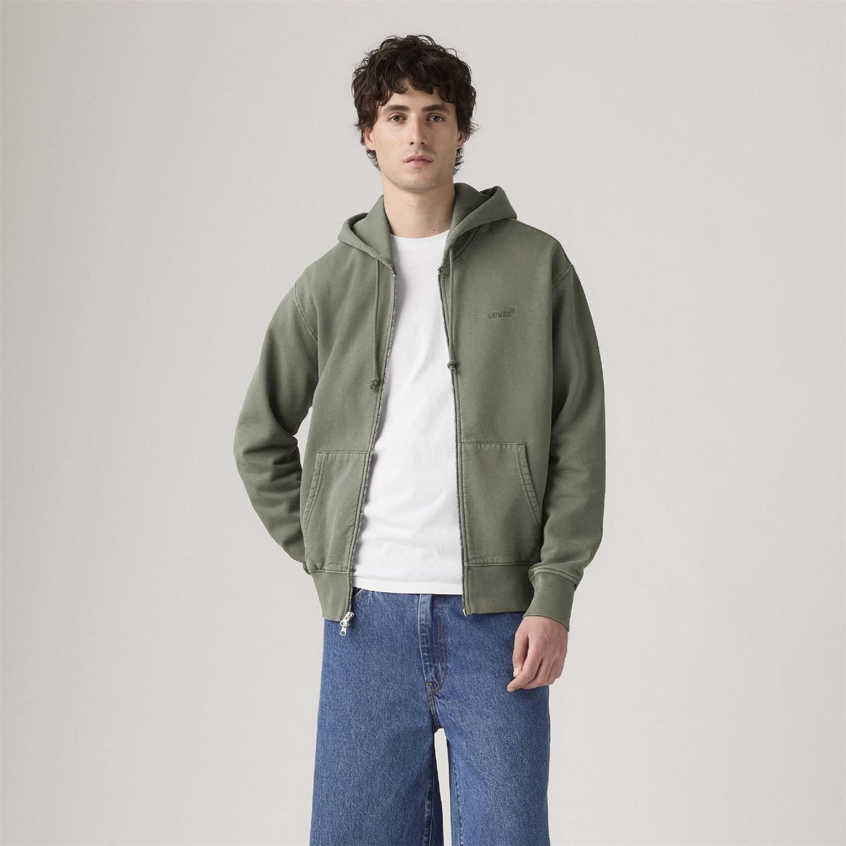 Levis Solid Patterned Hooded Neck Full Zipper Ribbed Cuff Sweat Jacket