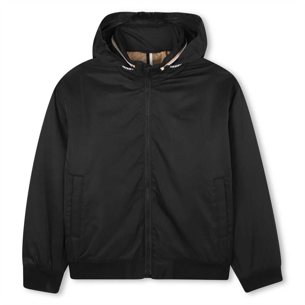 Boss Solid Patterned Full Zipper Ribbed Cuff Bomber Jacket