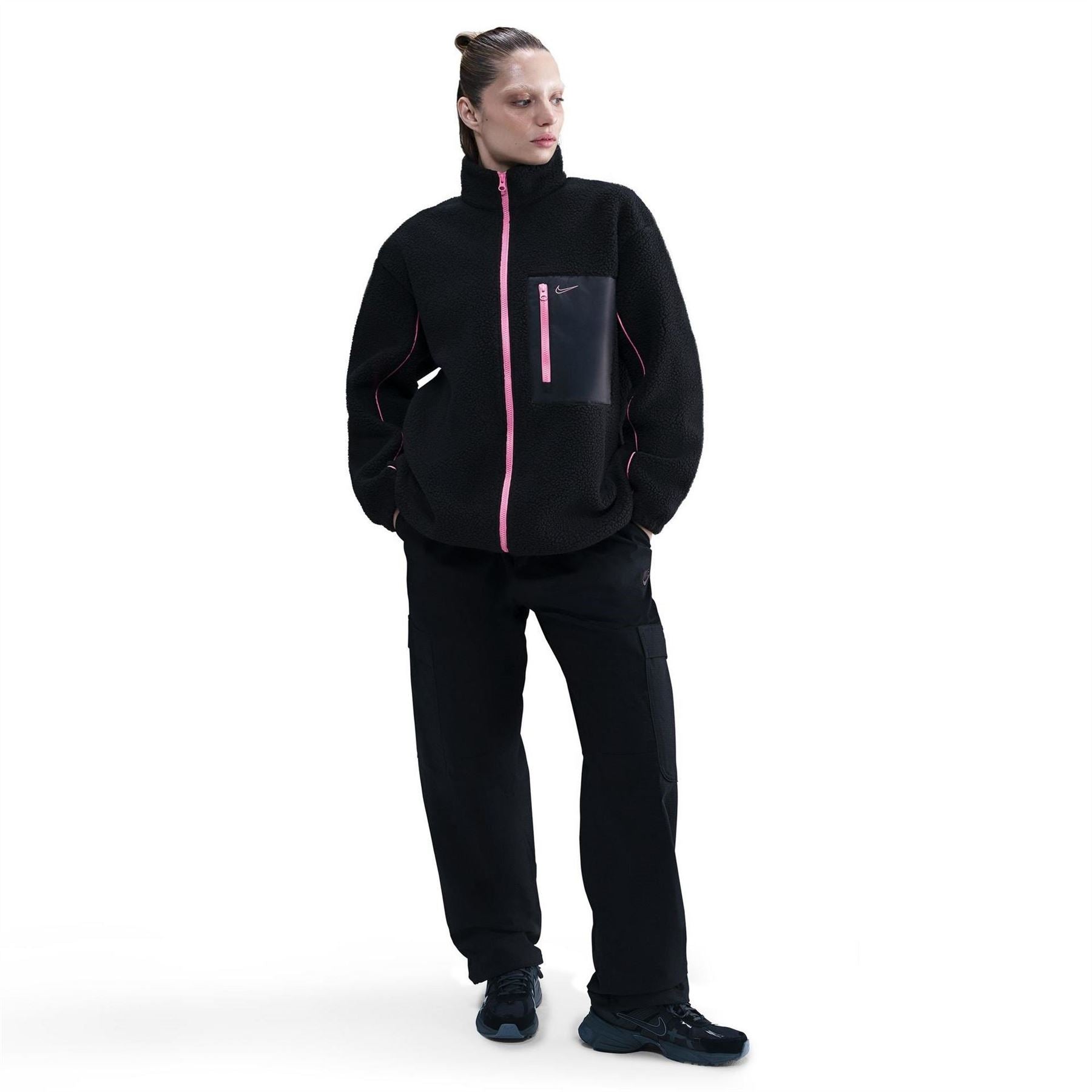 Nike Sherpa Full Zipper Solid Patterned Jacket