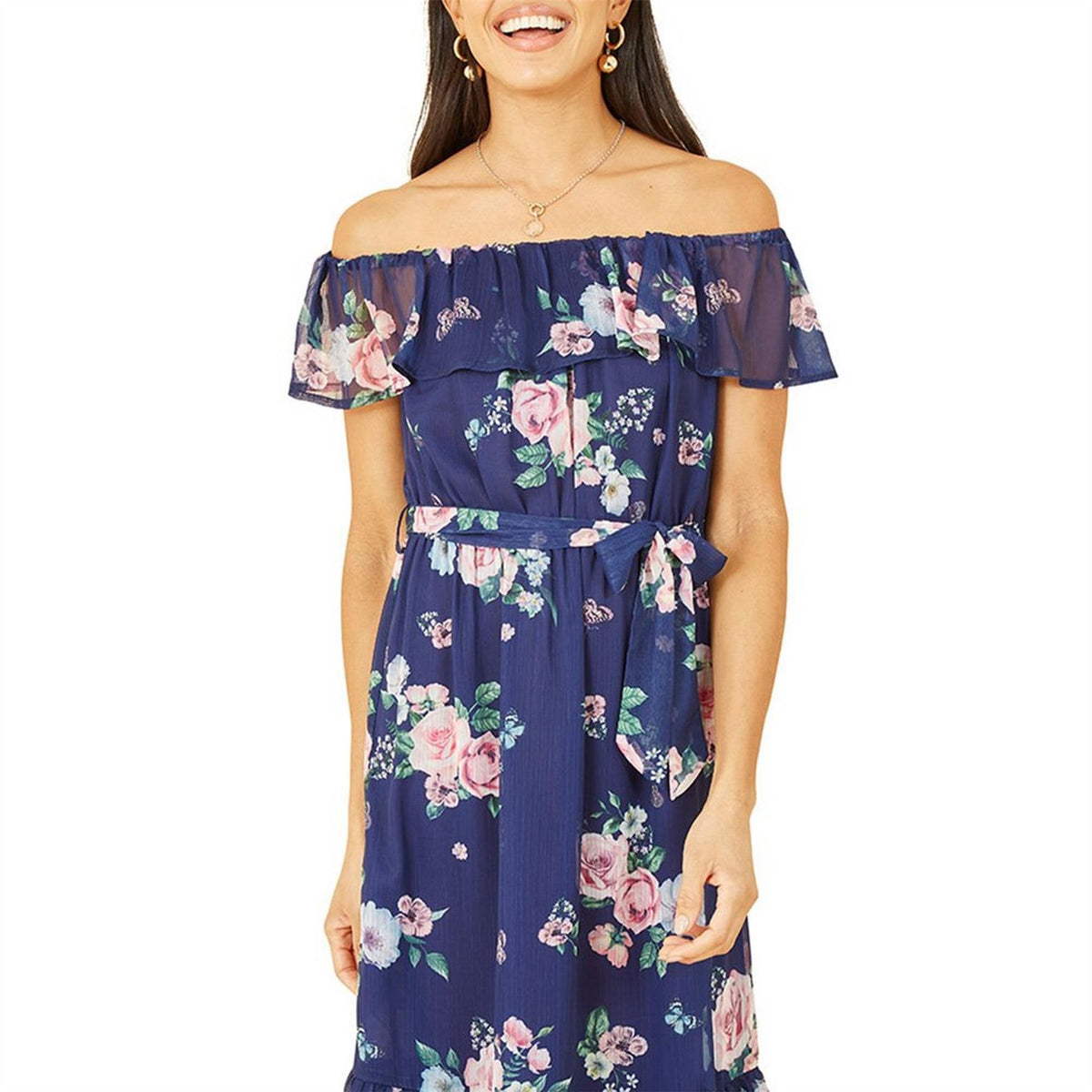 Yumi Floral Off-The-Shoulder Midi A-Line Dress