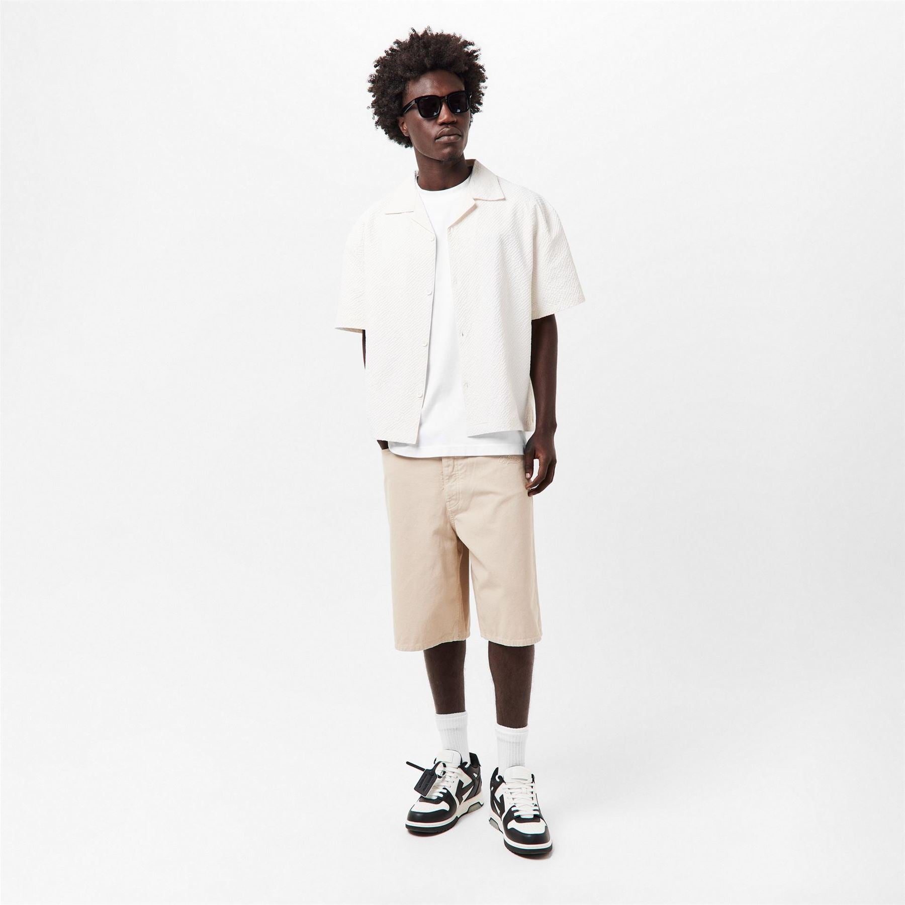 Off White Canvas Utility Denim Bermuda Shorts