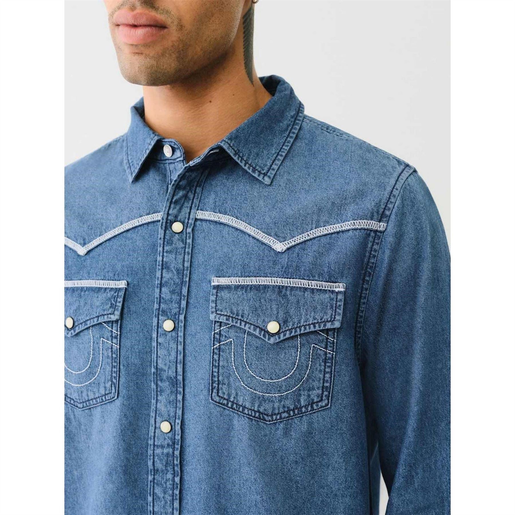 True Religion Mens Chambray Long Sleeve Flannel Shirt