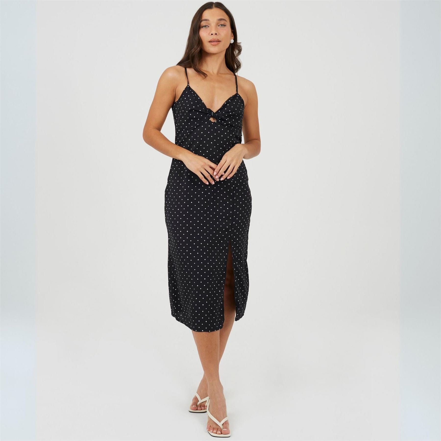 Brave Soul Polka Dot Midi Slip Dress with Slit Detail