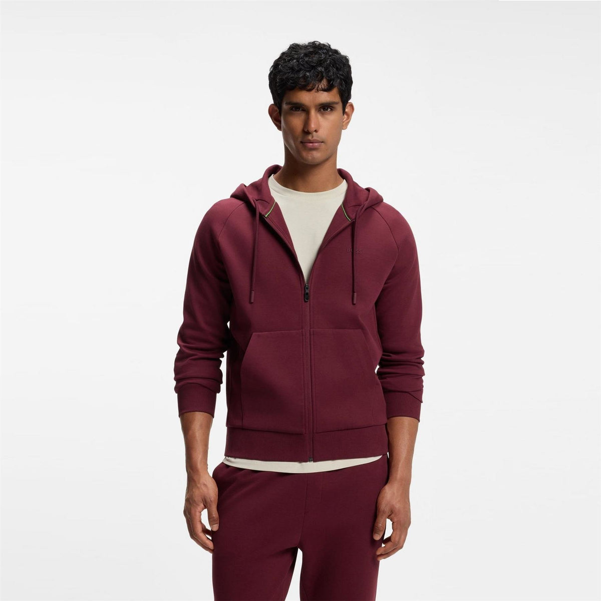 Boss Green Full Zip Hoodie With Adjustable Drawstring Hood   Streamlined Design