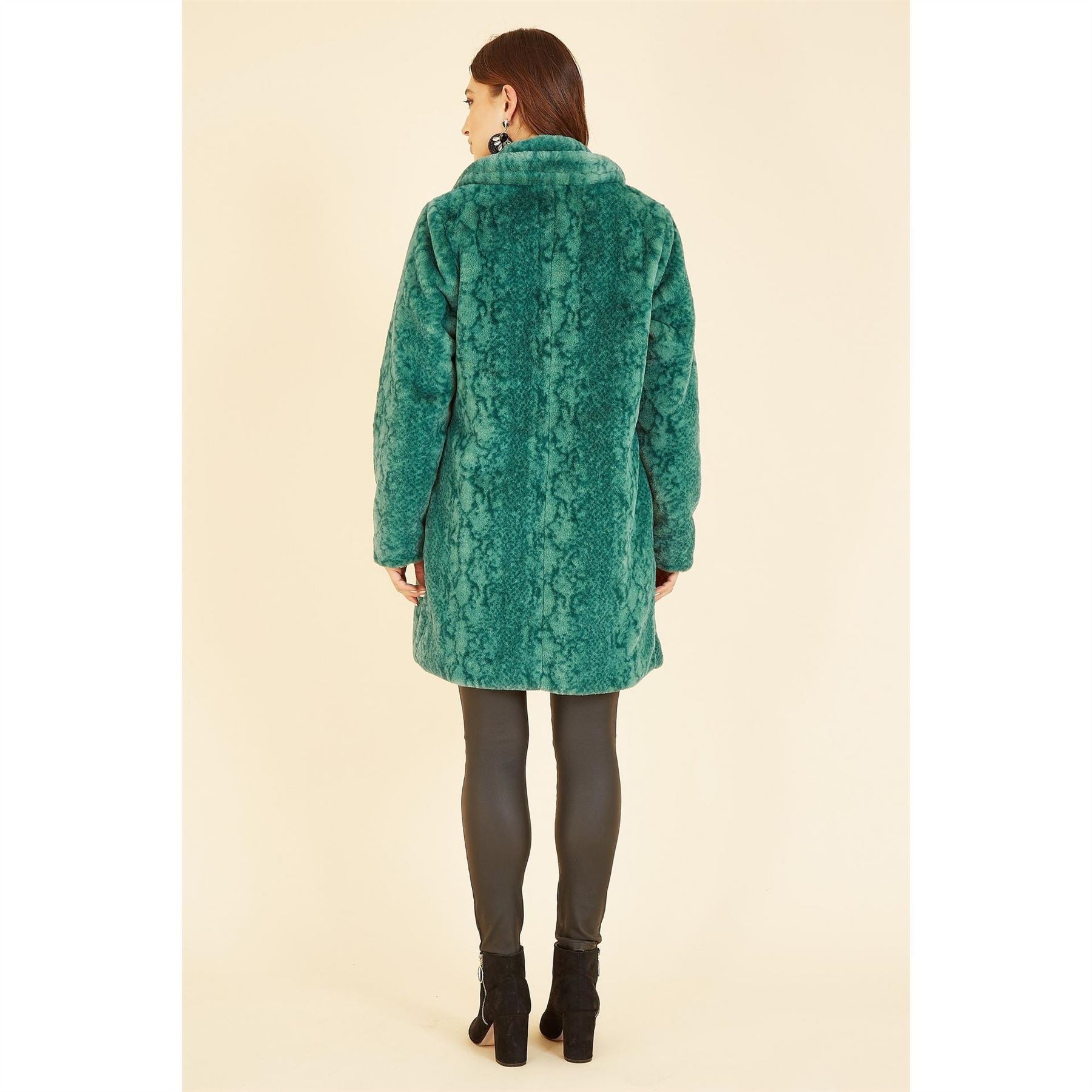 Yumi  Green Snakeskin Print Faux Fur Mid Thigh Coat