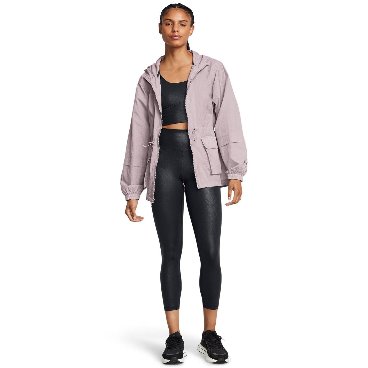Under Armour Solid Patterned Hooded Drawstring Windbreaker with Flap Pocket