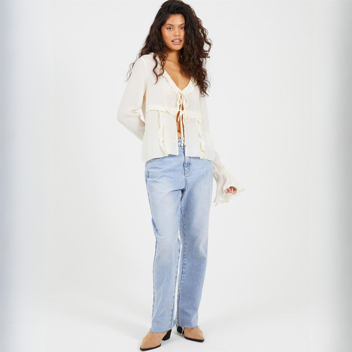 Brave Soul Womens Long Sleeve Frill Top With Front Tie Detail