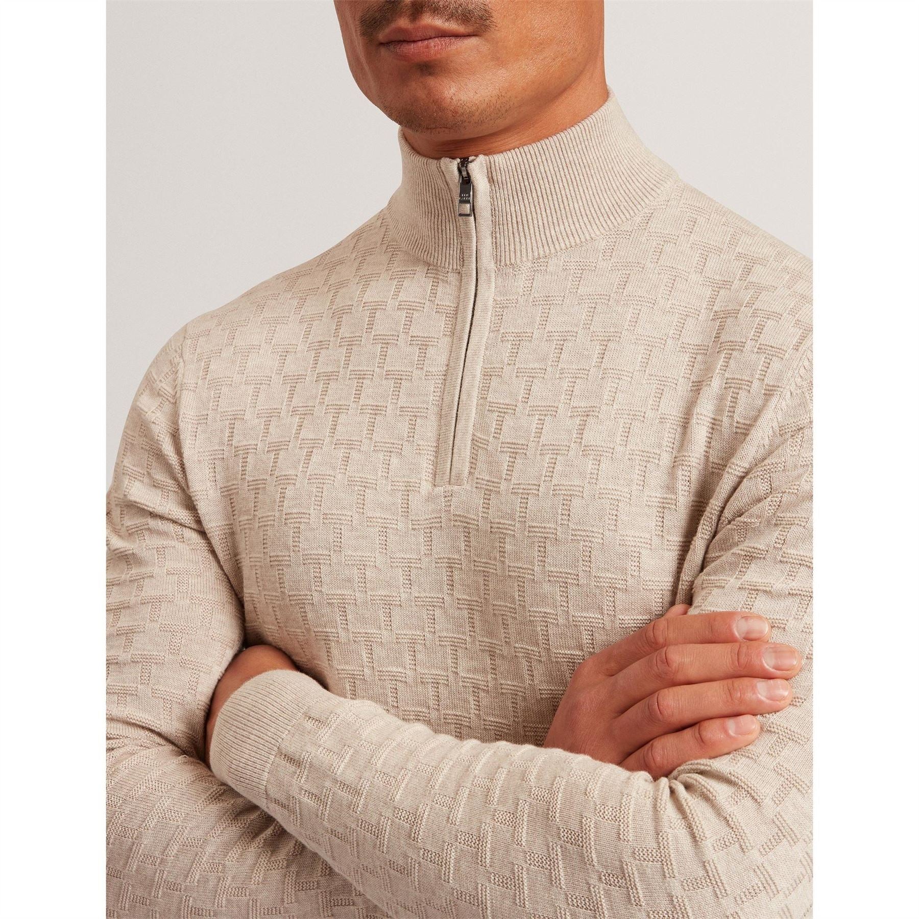 Ted Baker Zip Neck Ribbed Collar Long Sleeve Sweater