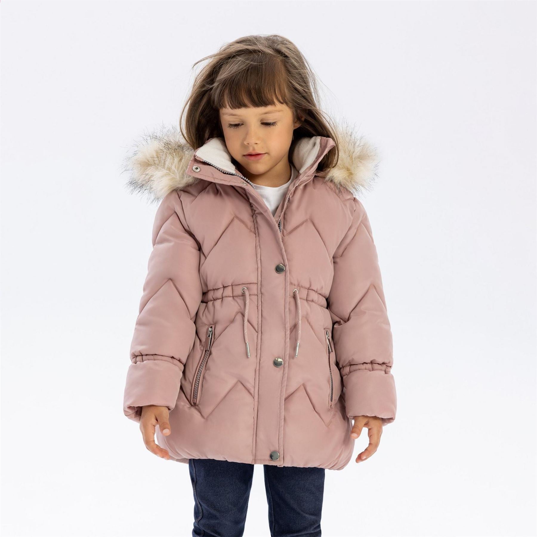 Minoti Girls Mid Length Quilted Jacket Faux Fur Hood Pink