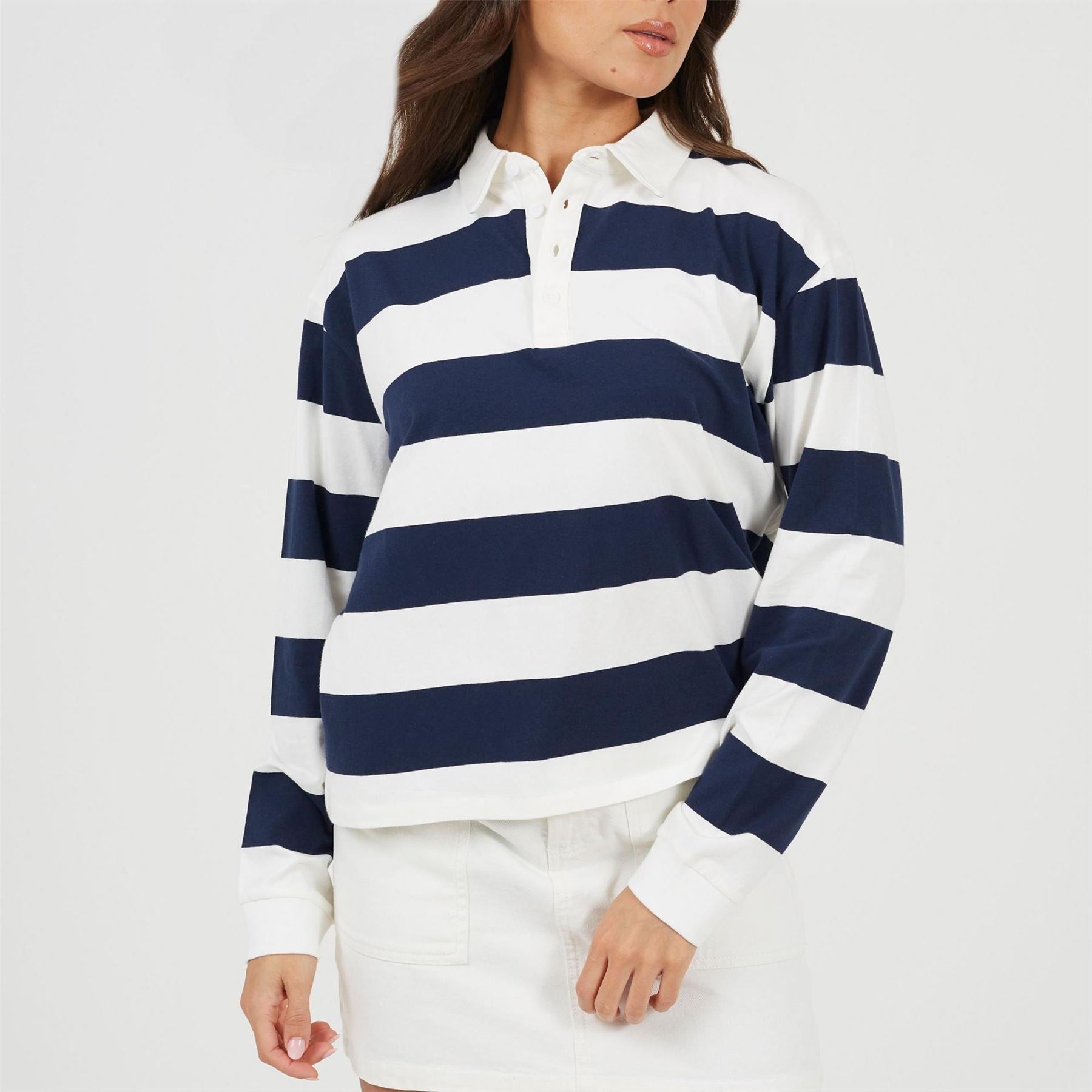 Brave Soul Womens Rugby Style Long Sleeve Top With Stripe