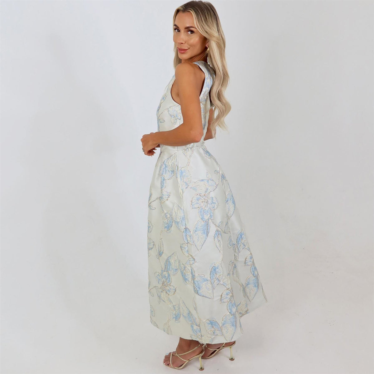 AX Paris Blue Floral Jacquard Racer Neck A Line Midi Dress