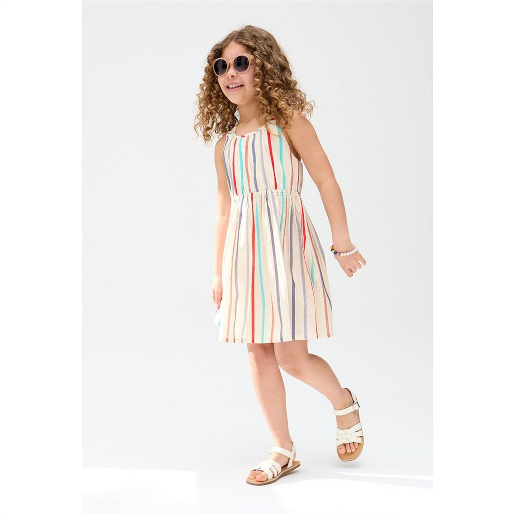 Raffya Kids Kris Cross Back Stripe Print Dress In Cream