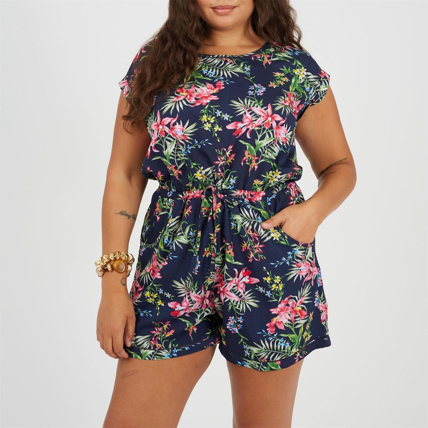 Brave Soul Crew Neck Floral Patterned Short Sleeve Playsuit