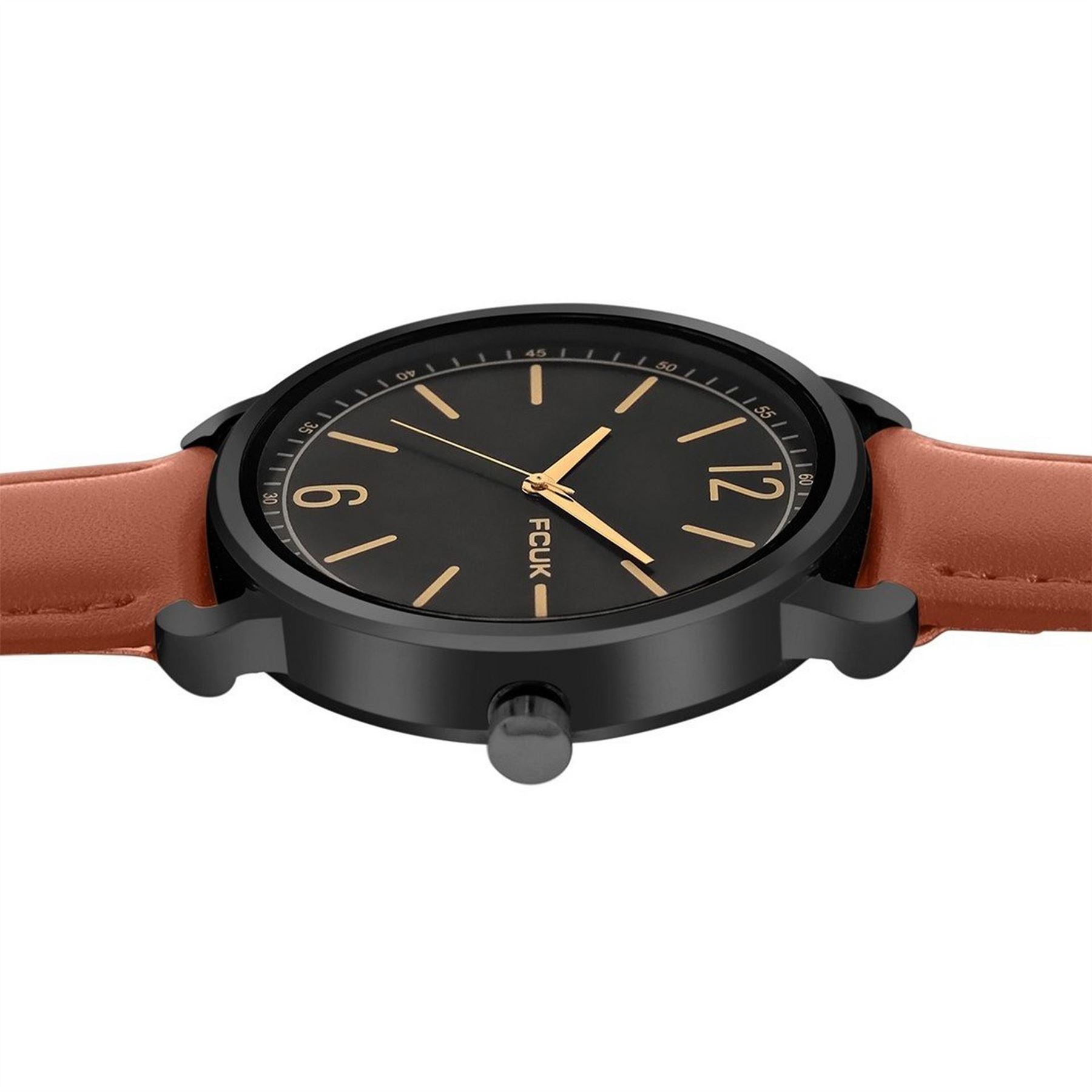 FCUK Black Case Round Shape Tan Strap Quartz Watch