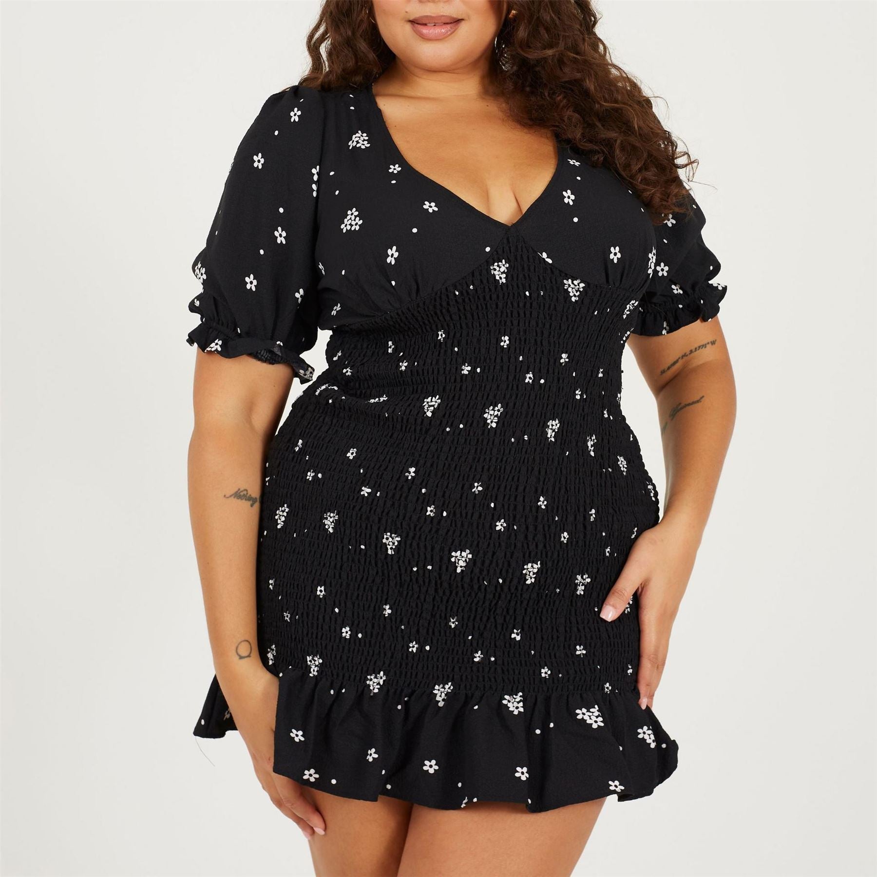 Brave Soul Plus Size Puff Sleeve Mini Dress With Frill Hem