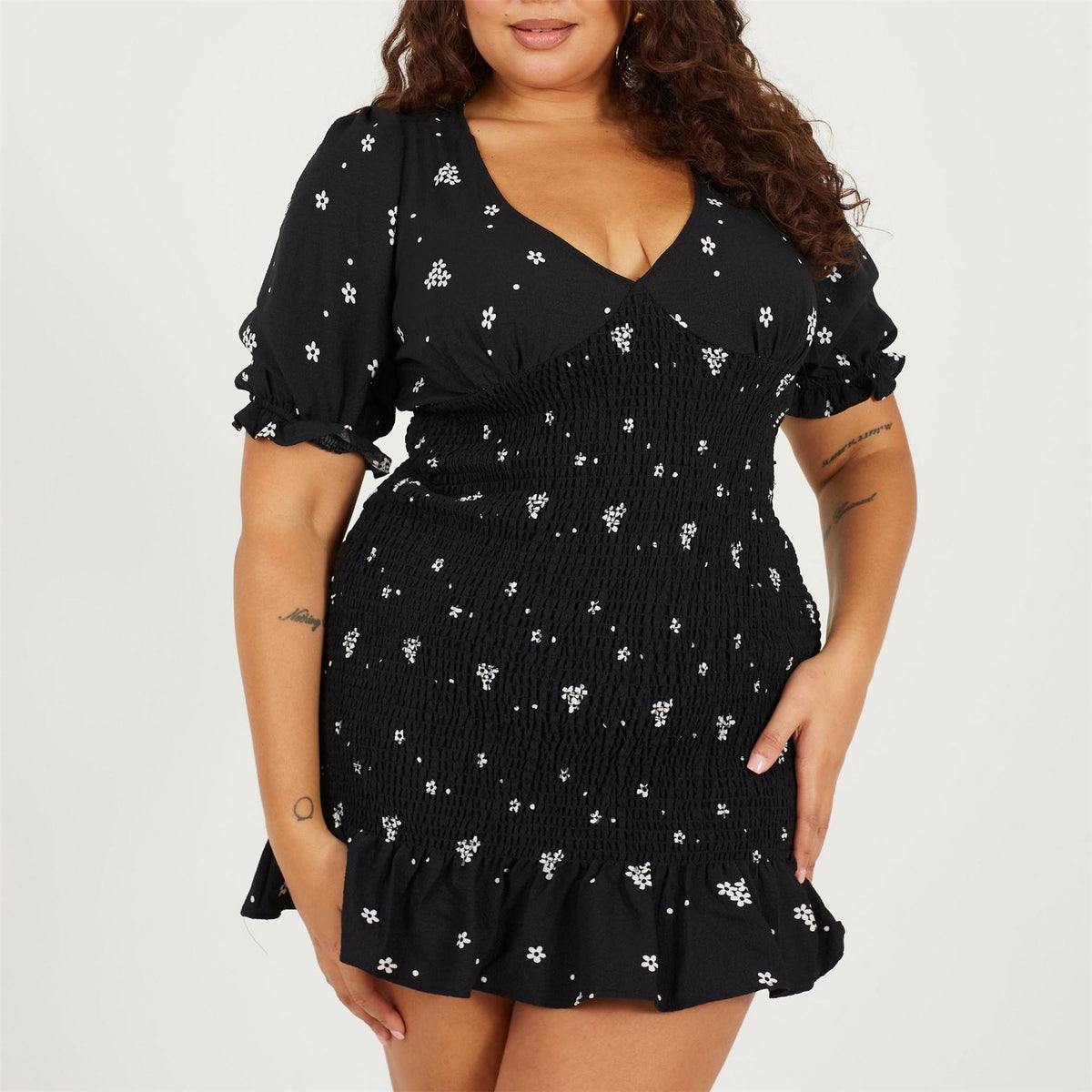Brave Soul Plus Size Puff Sleeve Mini Dress With Frill Hem
