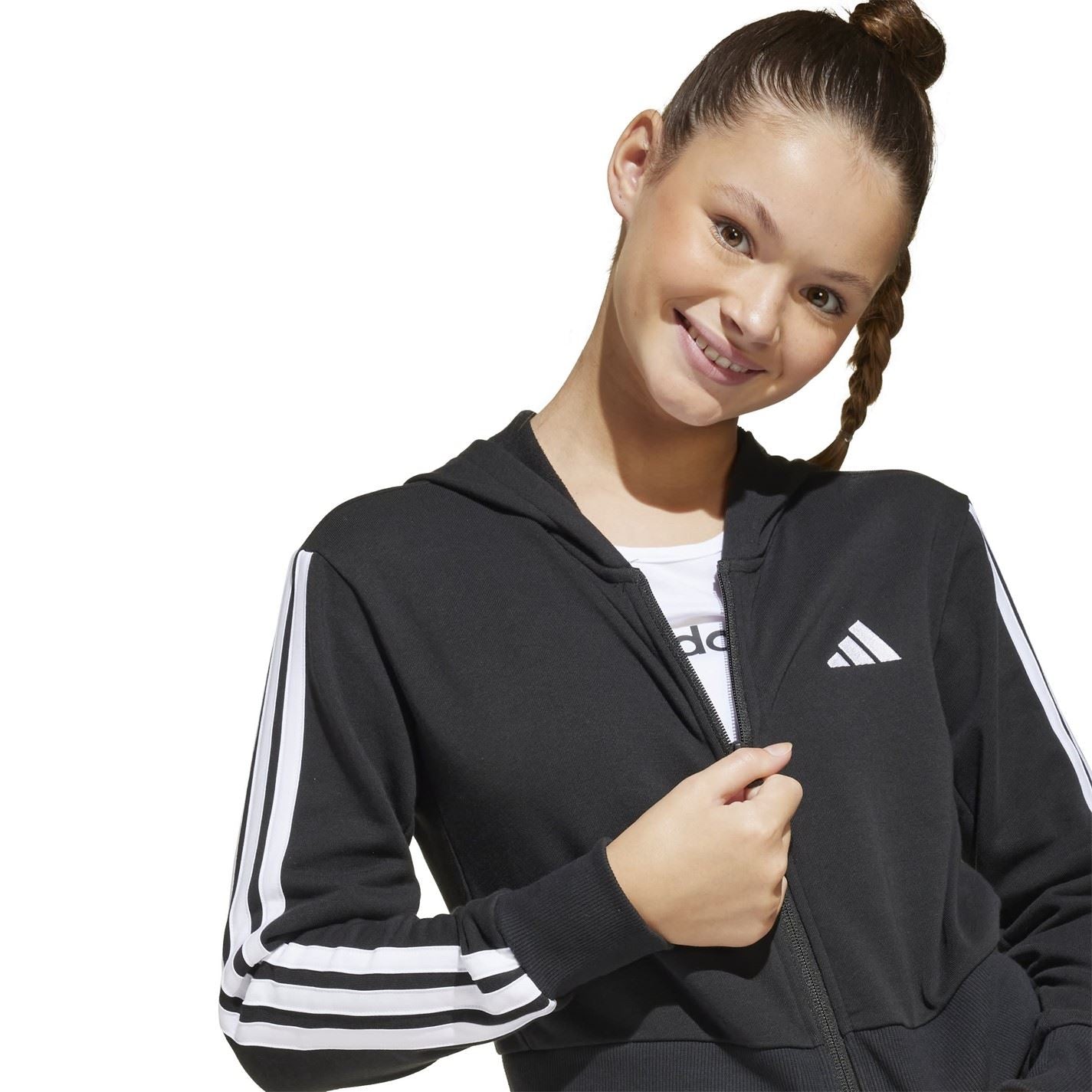 adidas Essentials Girls 3 Stripes Zip Track Top Hoodie