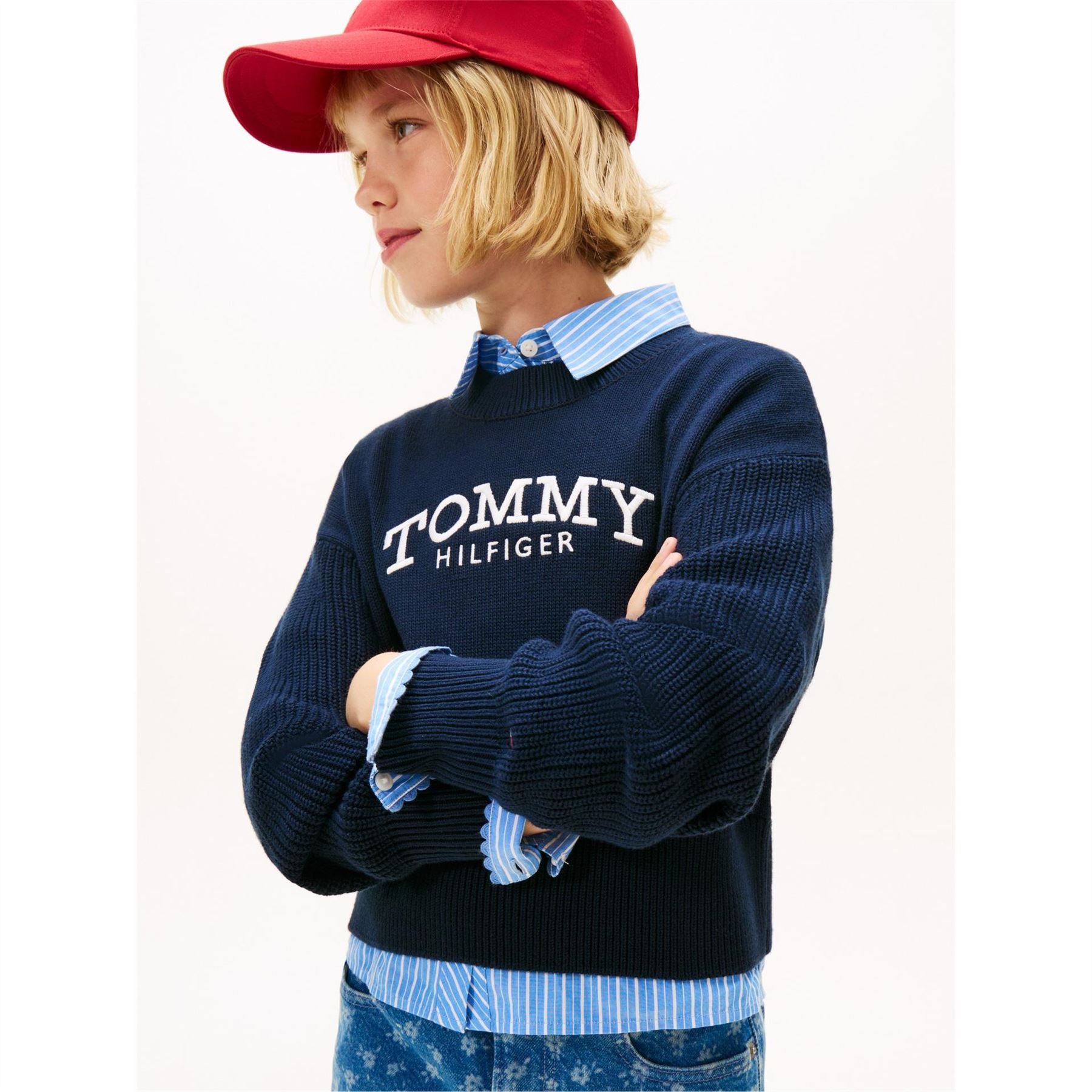 Tommy Hilfiger Embroidered Crew Neck Ribbed Collar Long Sleeve Sweater