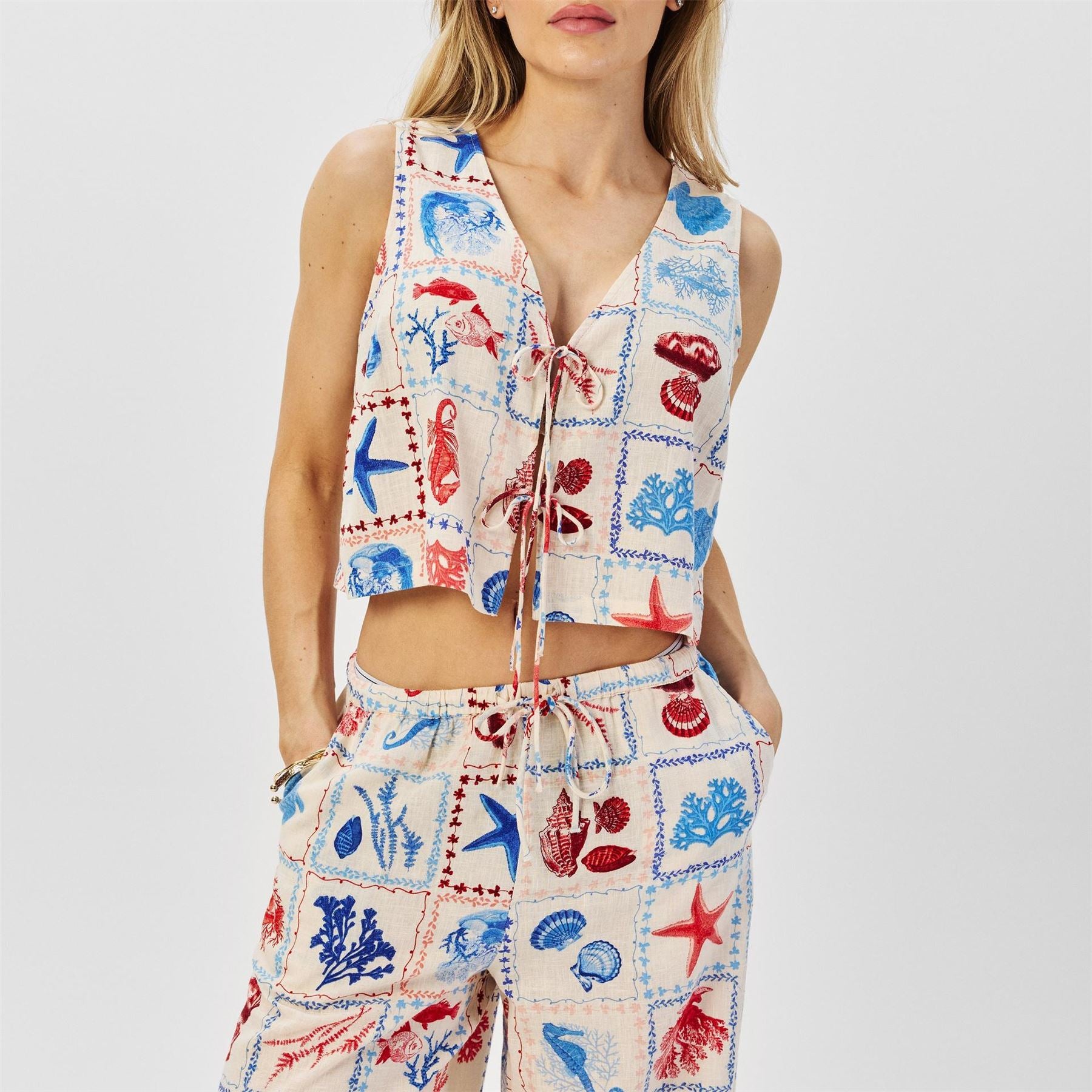 Nobodys Child Linen Blend Shell Print Tie Front Top