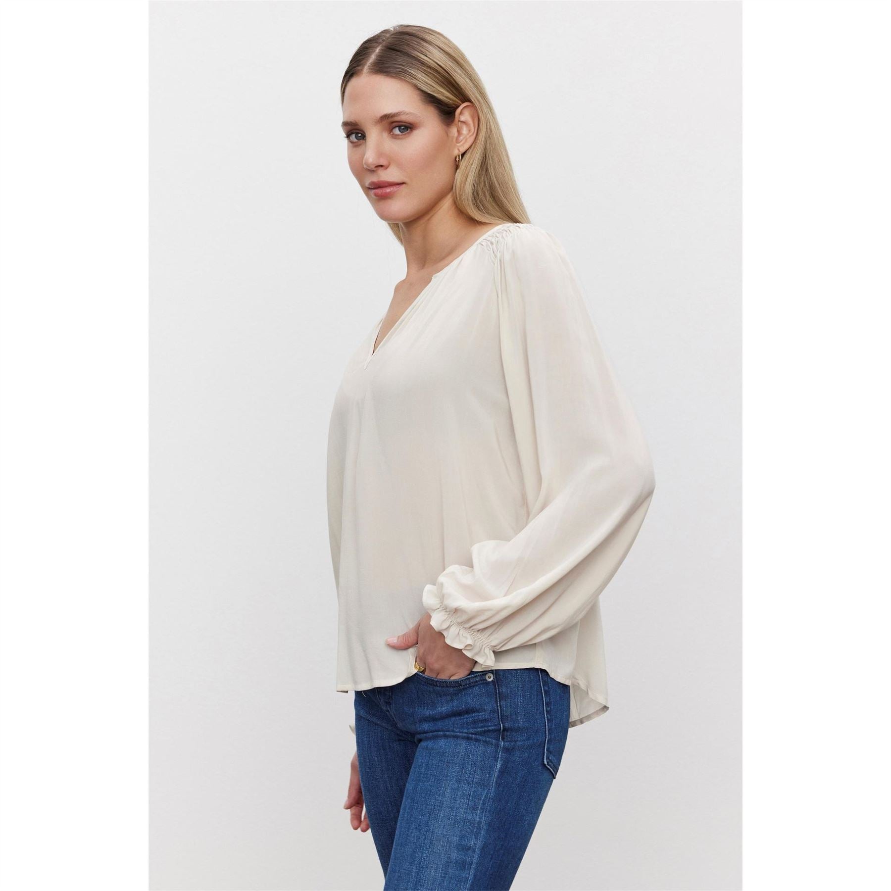 Velvet by Graham and Spencer Regular Fit V-Neck Bishop Sleeve Blouse