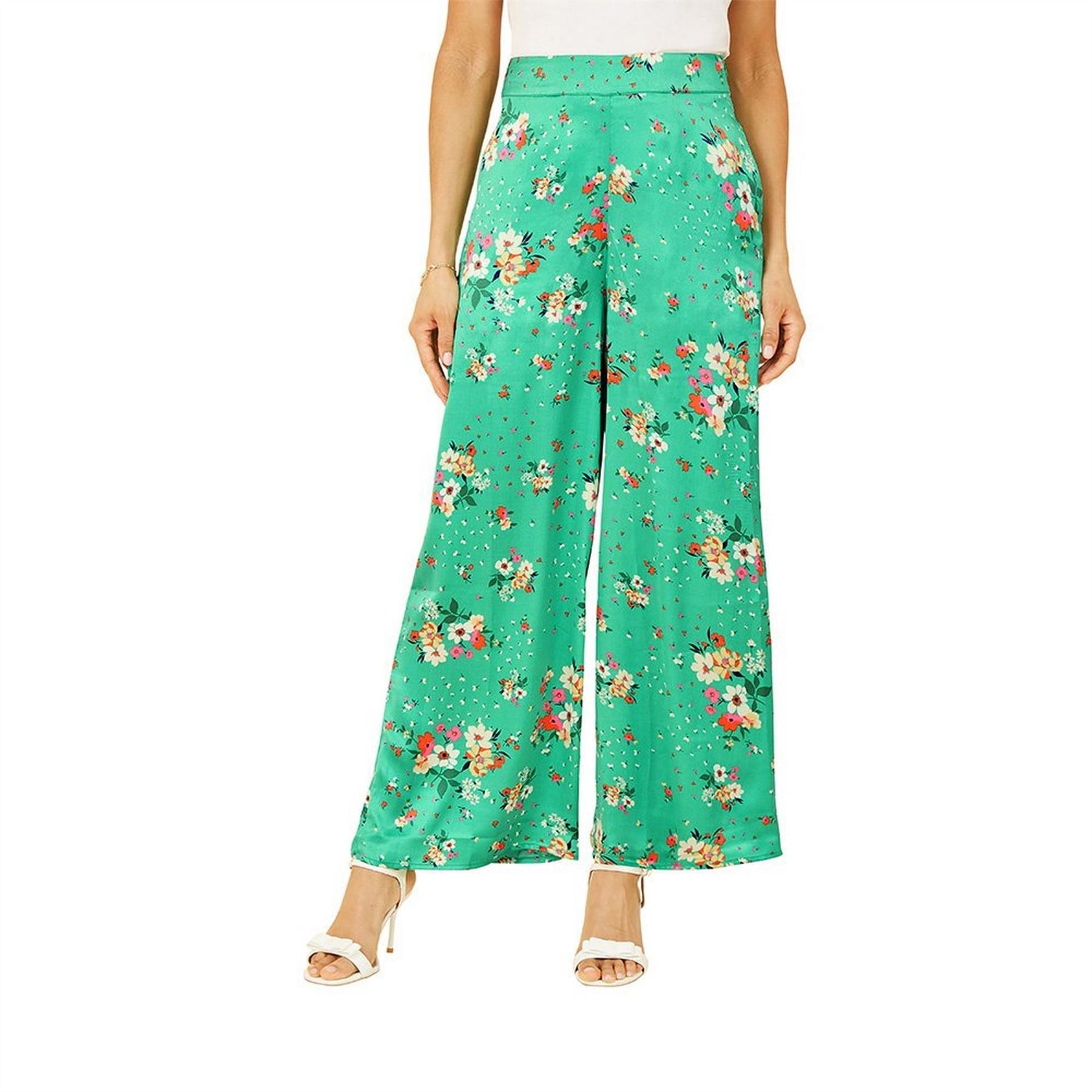Yumi Green Floral Satin Wide Leg Trousers
