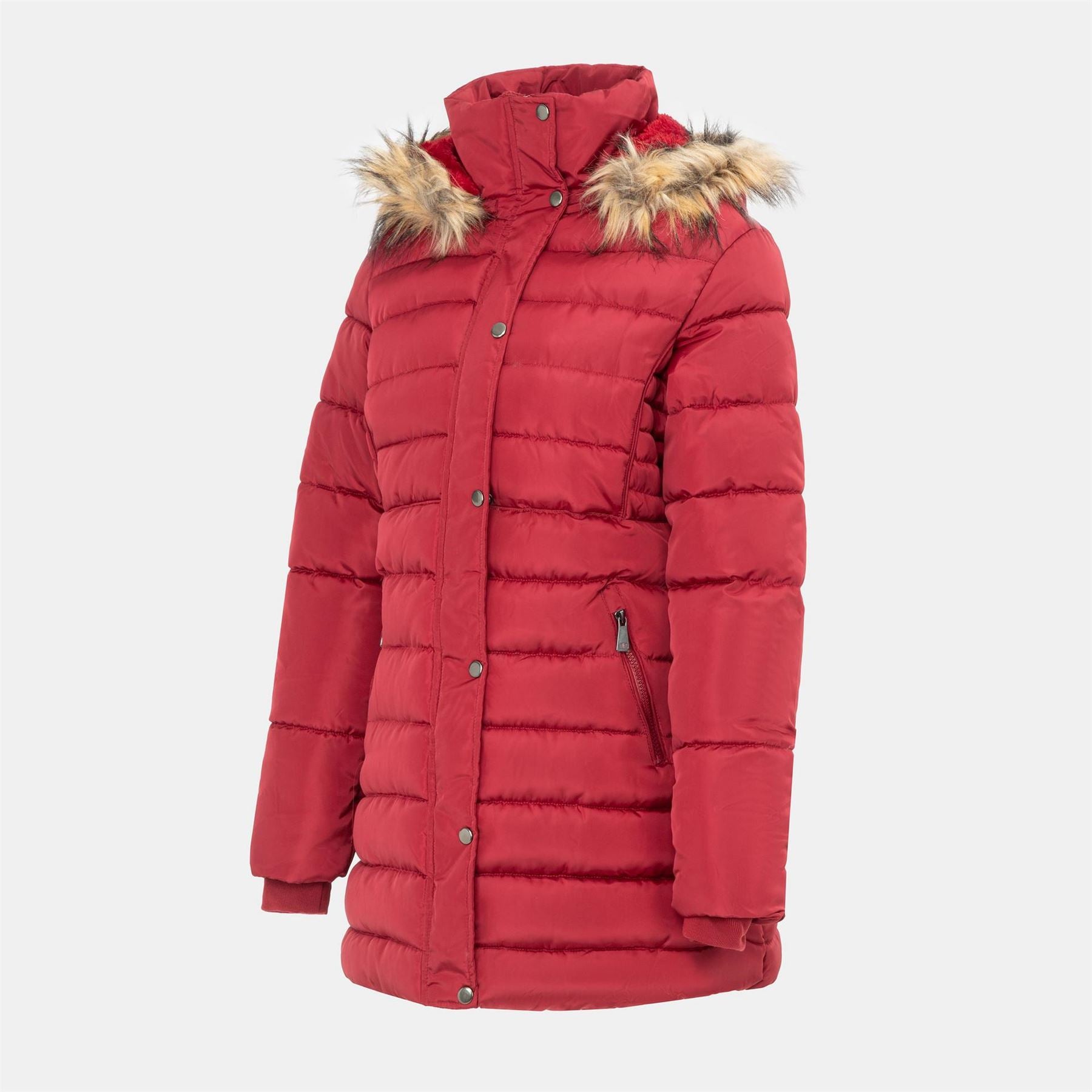I Saw It First Solid Patterned Hooded Snap Button Fur Trim Ribbed Cuff Parka Jacket