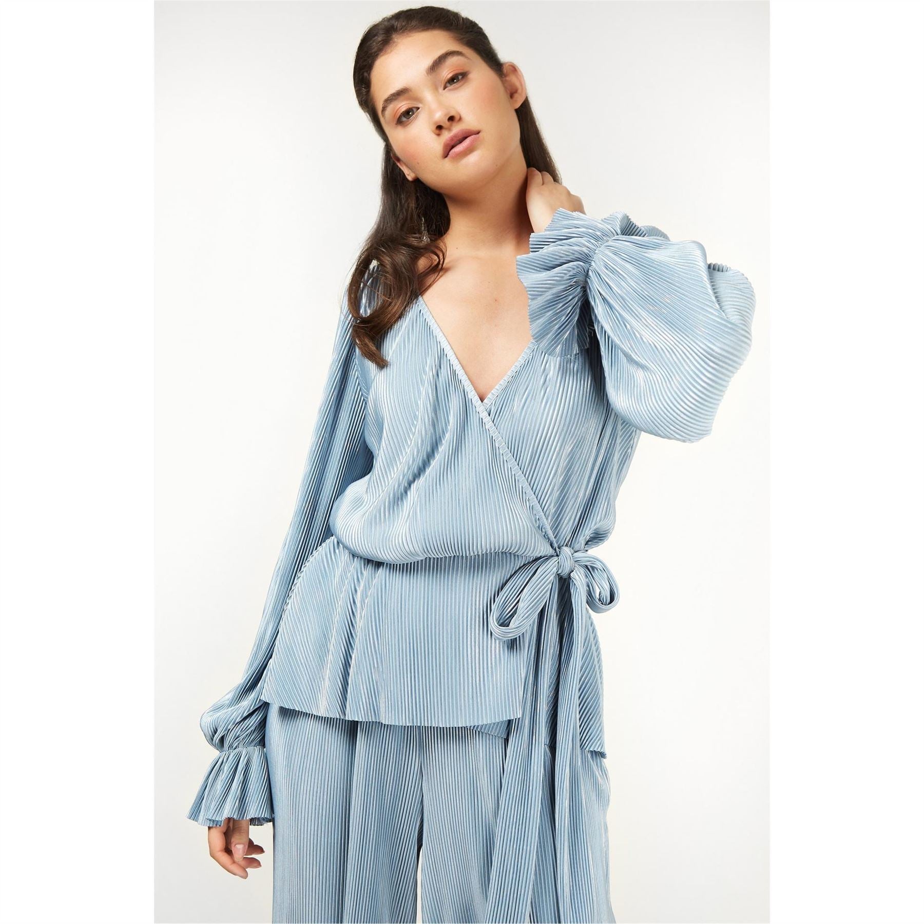 Little Mistress Wrap Top V-Neck Bishop Sleeve Blouse