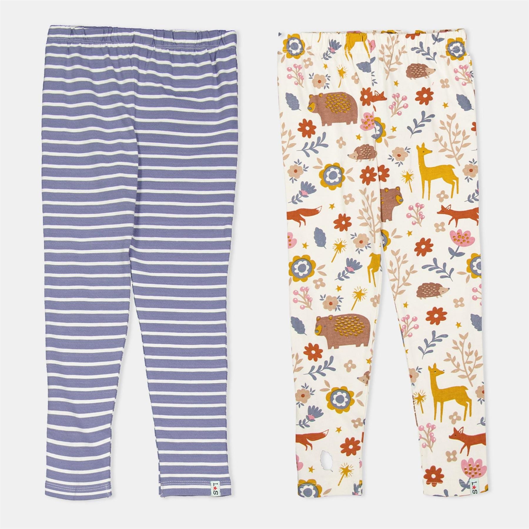 Lilly and Sid  And  Sid Multicoloured Animal Forest And Stripe Print Leggings   2 Pack