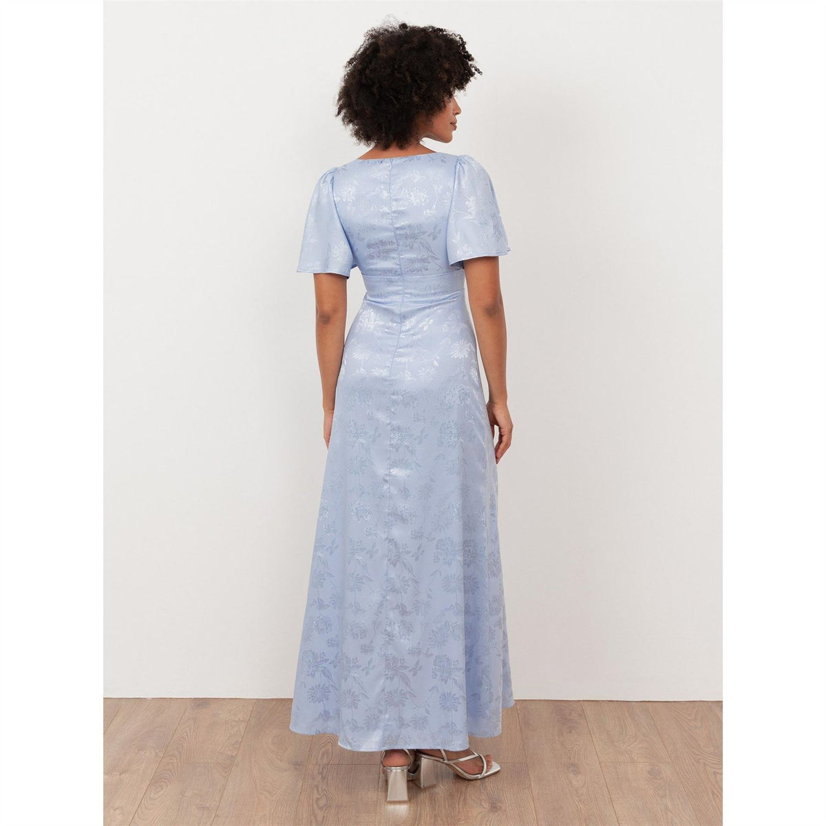 Maya Deluxe Pastel Blue Floral Jacquard Satin Maxi Dress