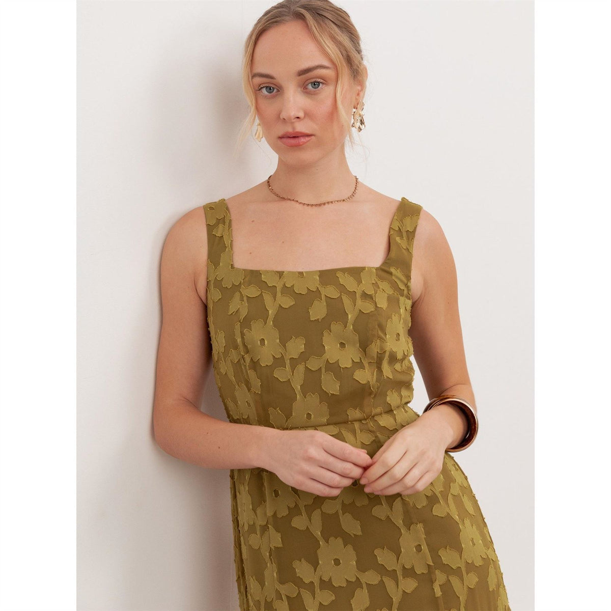 Anaya With Love With Love Recycled Golden Olive Floral Burnout Square Neck Tiered Midaxi Dress