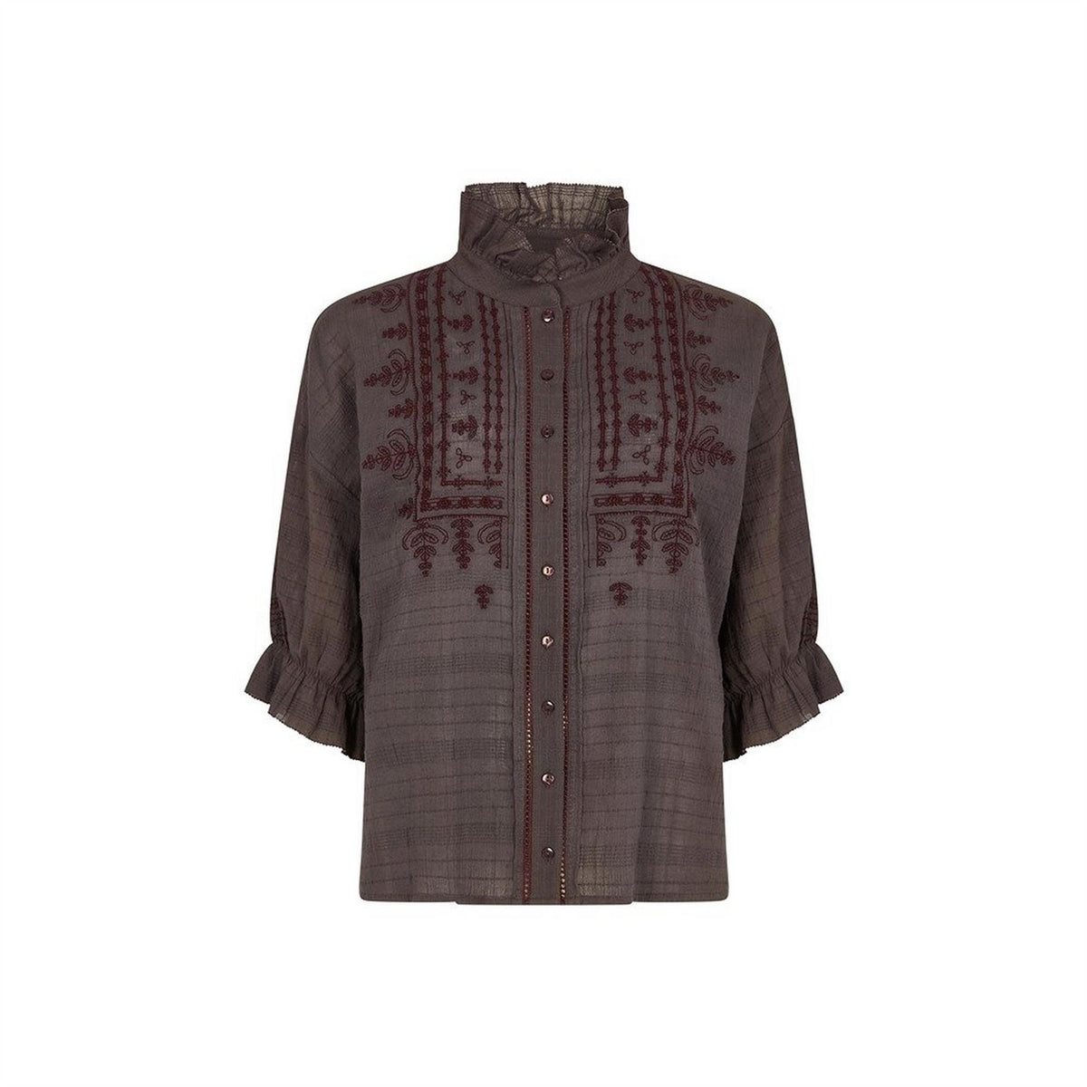 Raffya Julie Embroidered High Collar Ruffle Sleeve Peasant Shirt