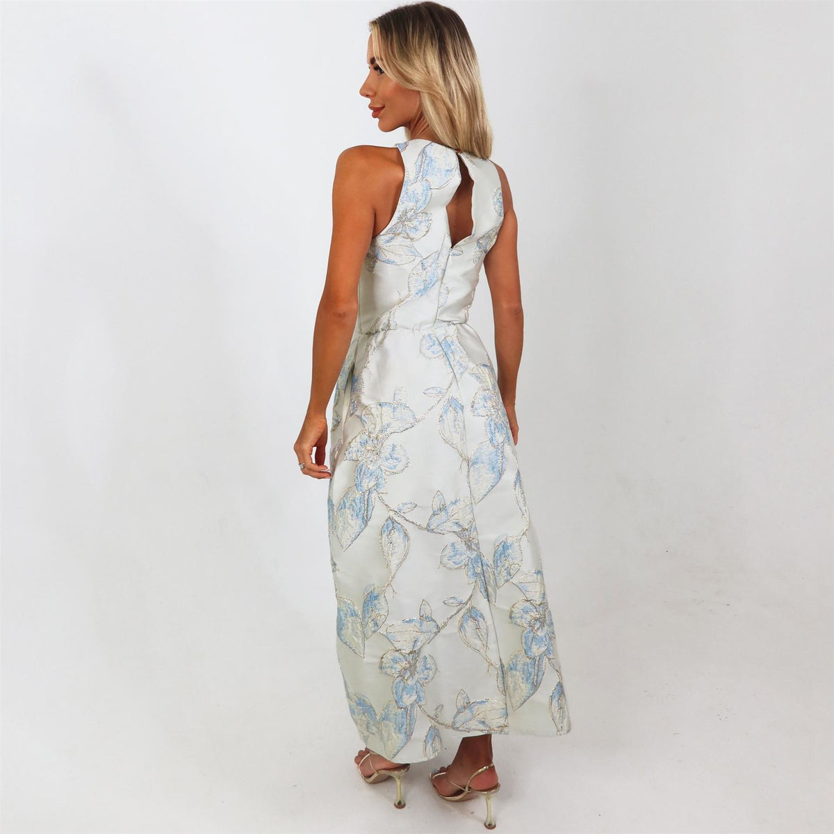 AX Paris Blue Floral Jacquard Racer Neck A Line Midi Dress
