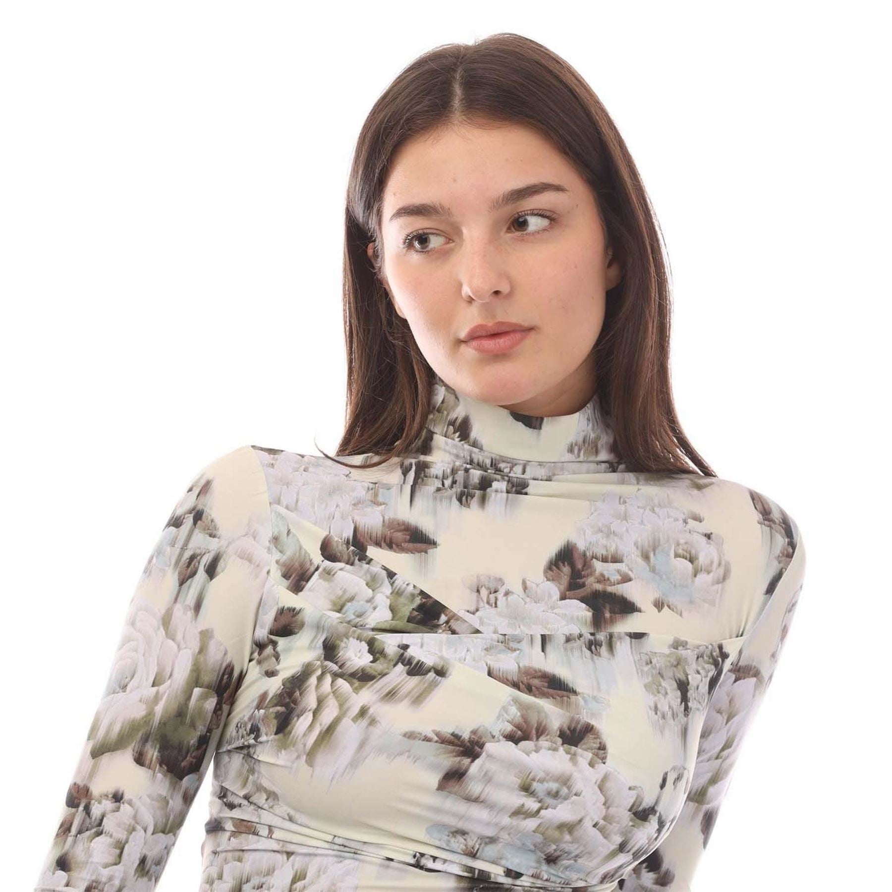 Off White Sec Skin Twist Long Sleeve Top, Chinese Flower Pattern