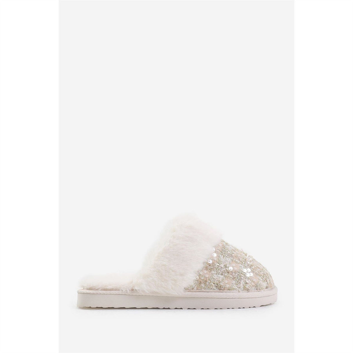 Wheres That From Sequin Tweed Mule Slippers With Faux Fur Trim