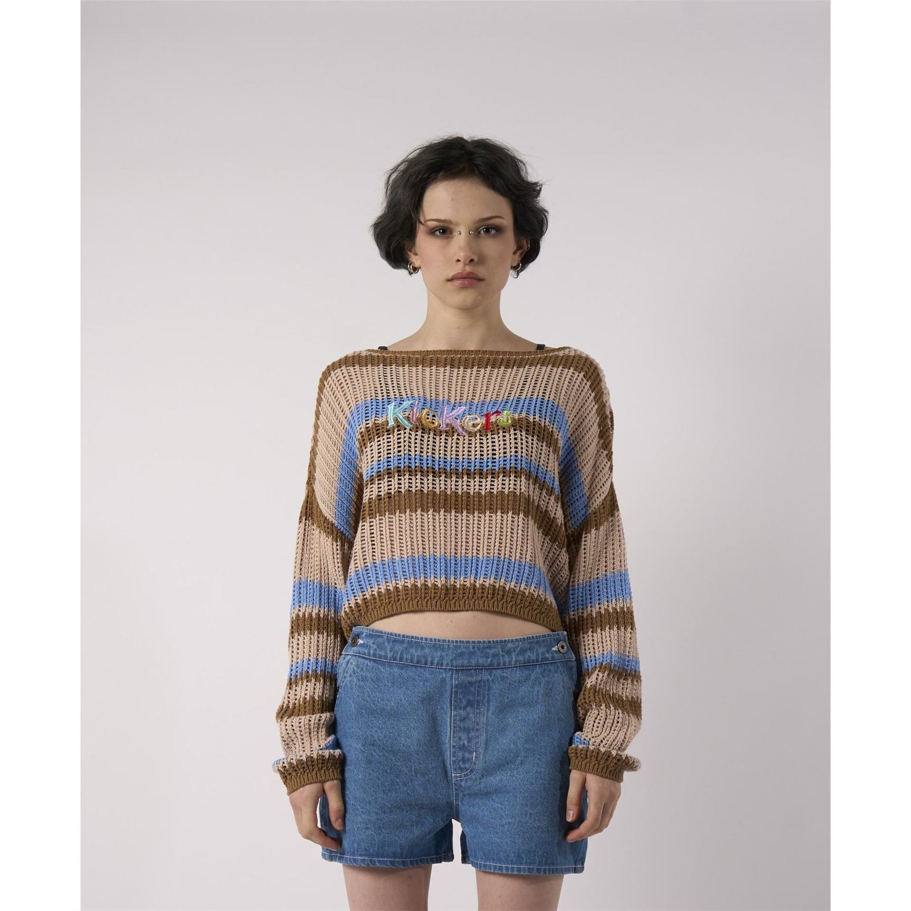 Kickers Loose Striped Cotton Knit Boat Neck Crew Neck Jumper