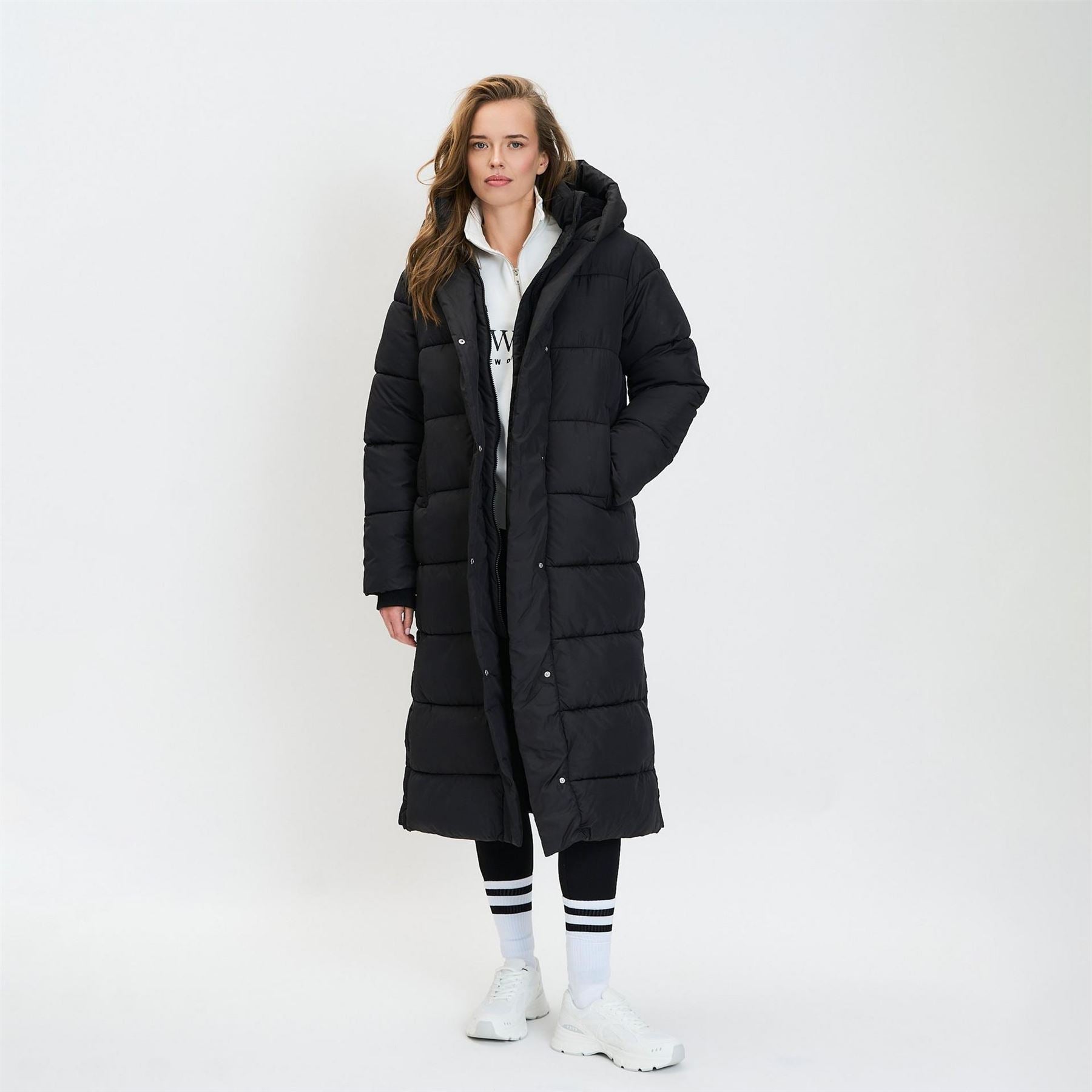 Minoti Women Long Padded Winter Coat With Hood And Zip Pockets Black
